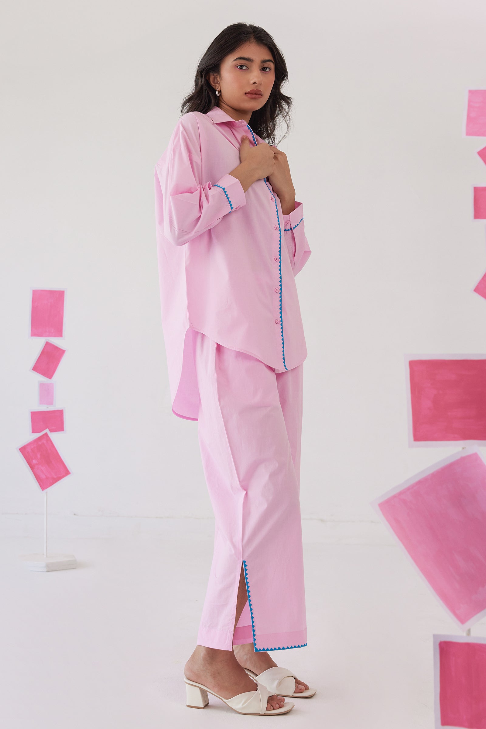 DELIGHT PINK POPLIN EMBROIEDERED SHIRT CO-ORD SET