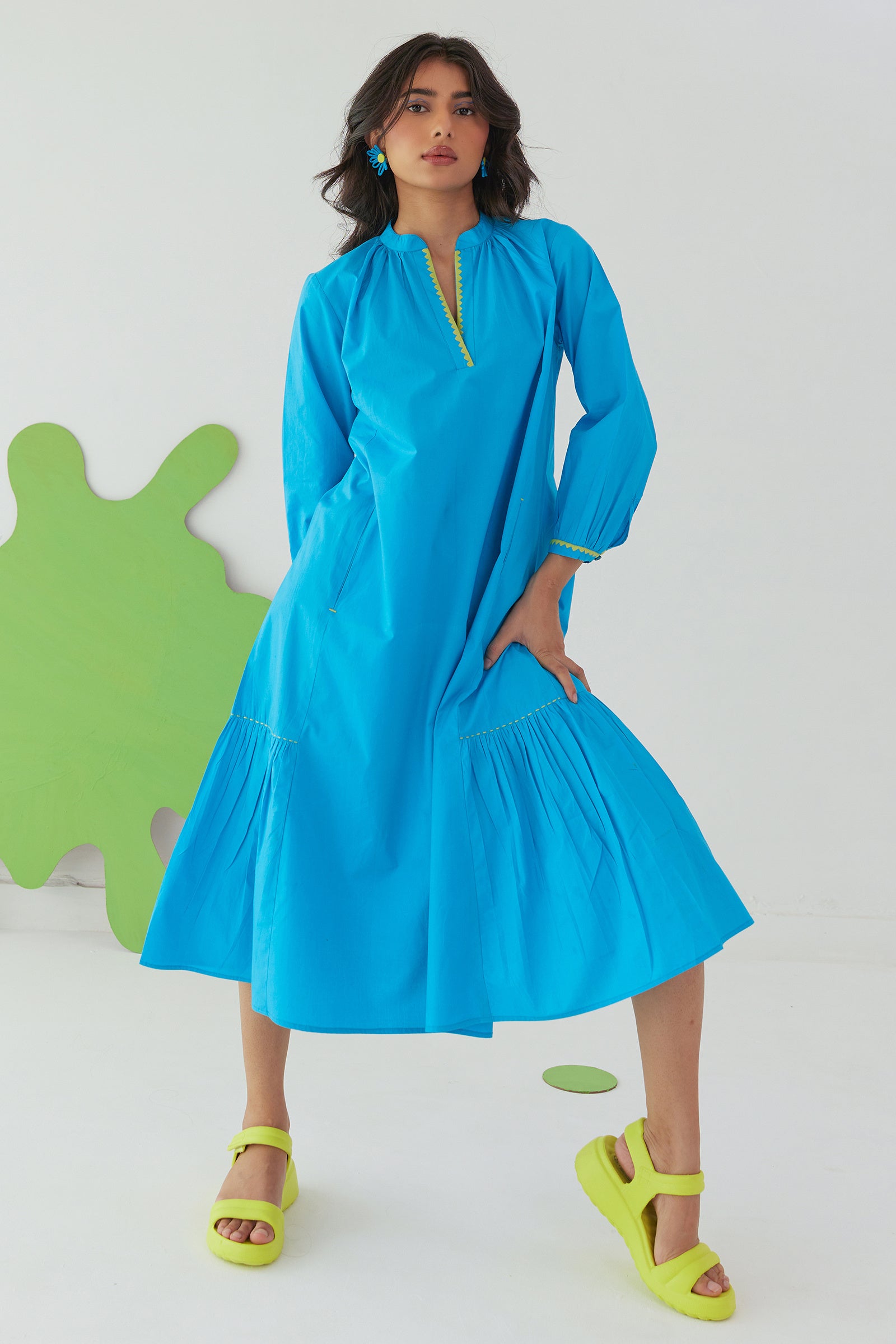 LAGOON BLUE POPLIN CALF LENGTH DRESS