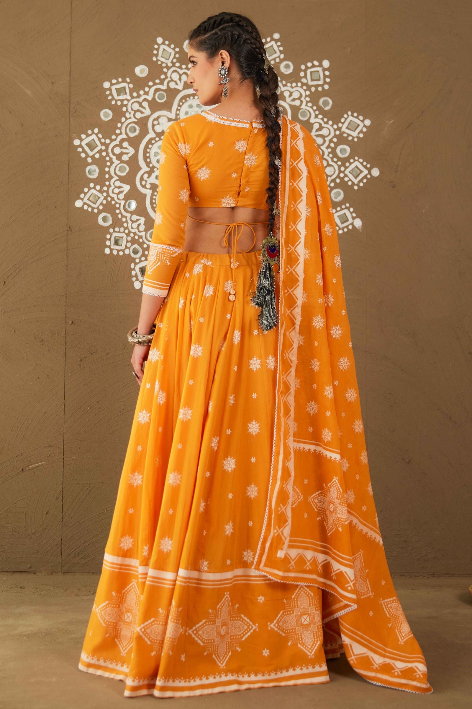 Tatva Orange Cotton Lightweight Lehenga Choli Set