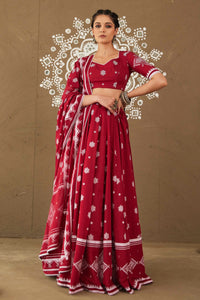 Swastik Red Cotton Lightweight Lehenga Choli Set