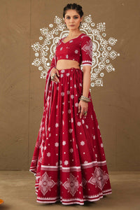 Swastik Red Cotton Lightweight Lehenga Choli Set