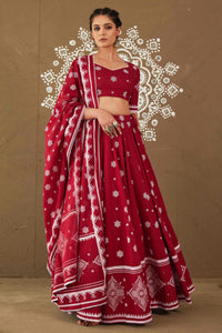 Swastik Red Cotton Lightweight Lehenga Choli Set