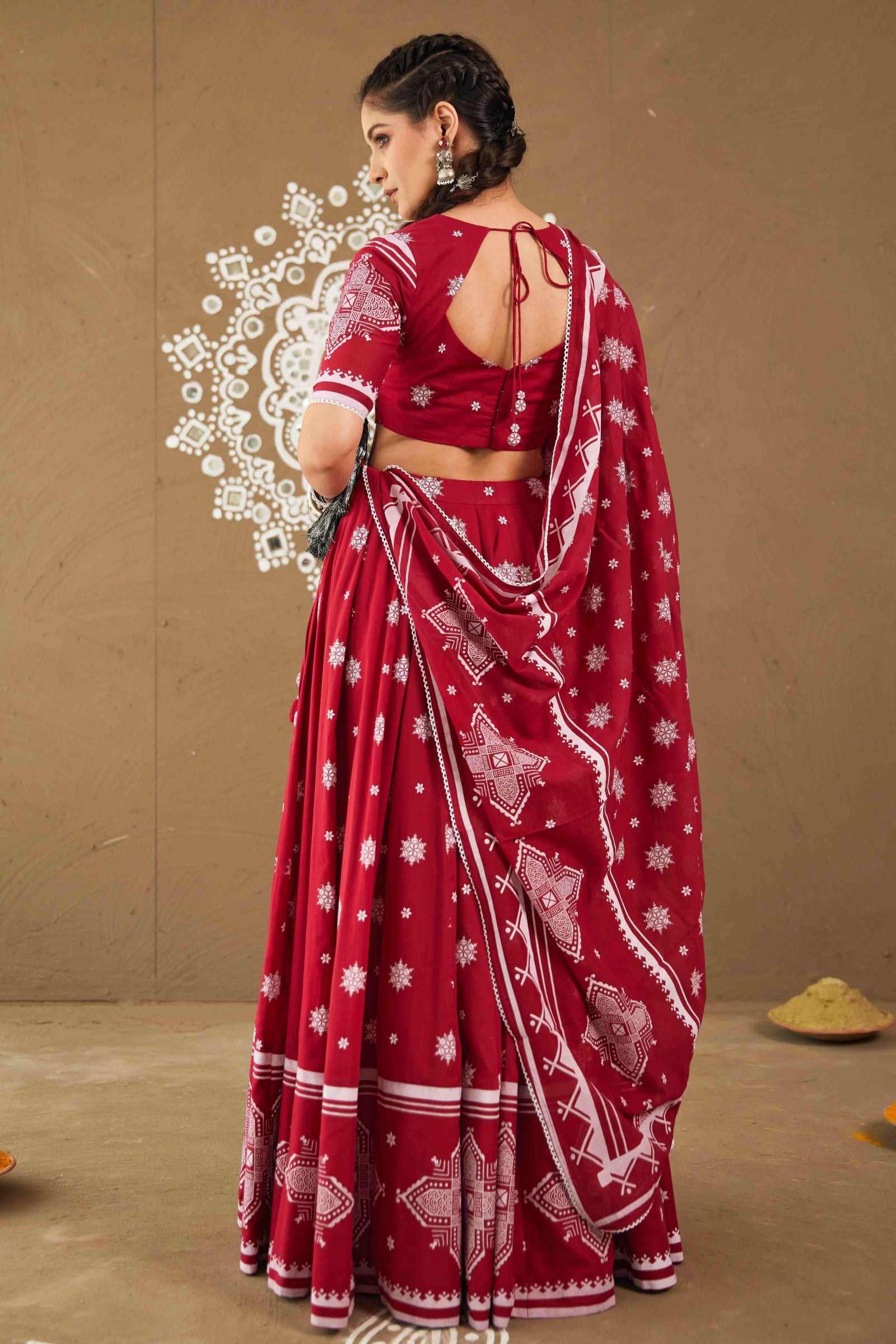 Swastik Red Cotton Lightweight Lehenga Choli Set