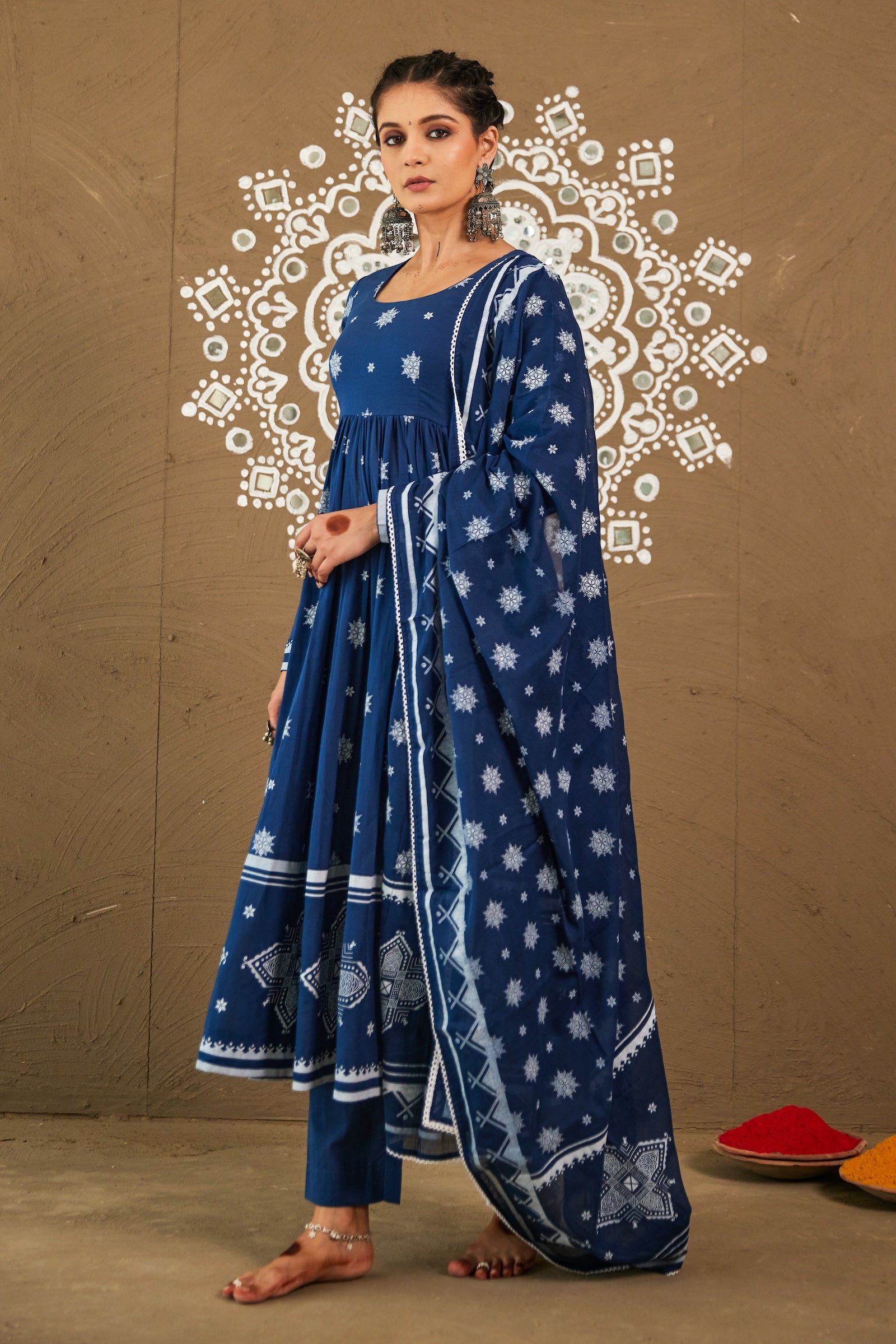 Abira Blue Mul Cotton Round Neck Anarkali Set