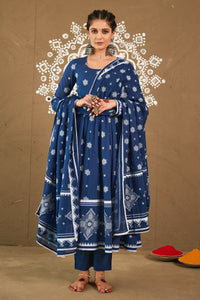 Abira Blue Mul Cotton Round Neck Anarkali Set