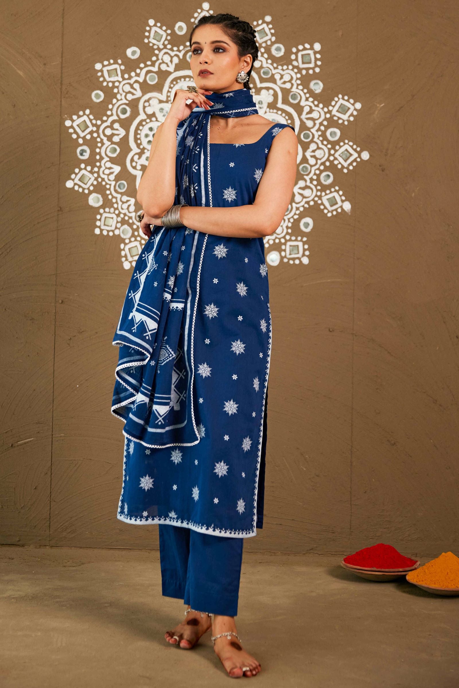 Gagan Blue Cotton Sleeveless Kurta Set