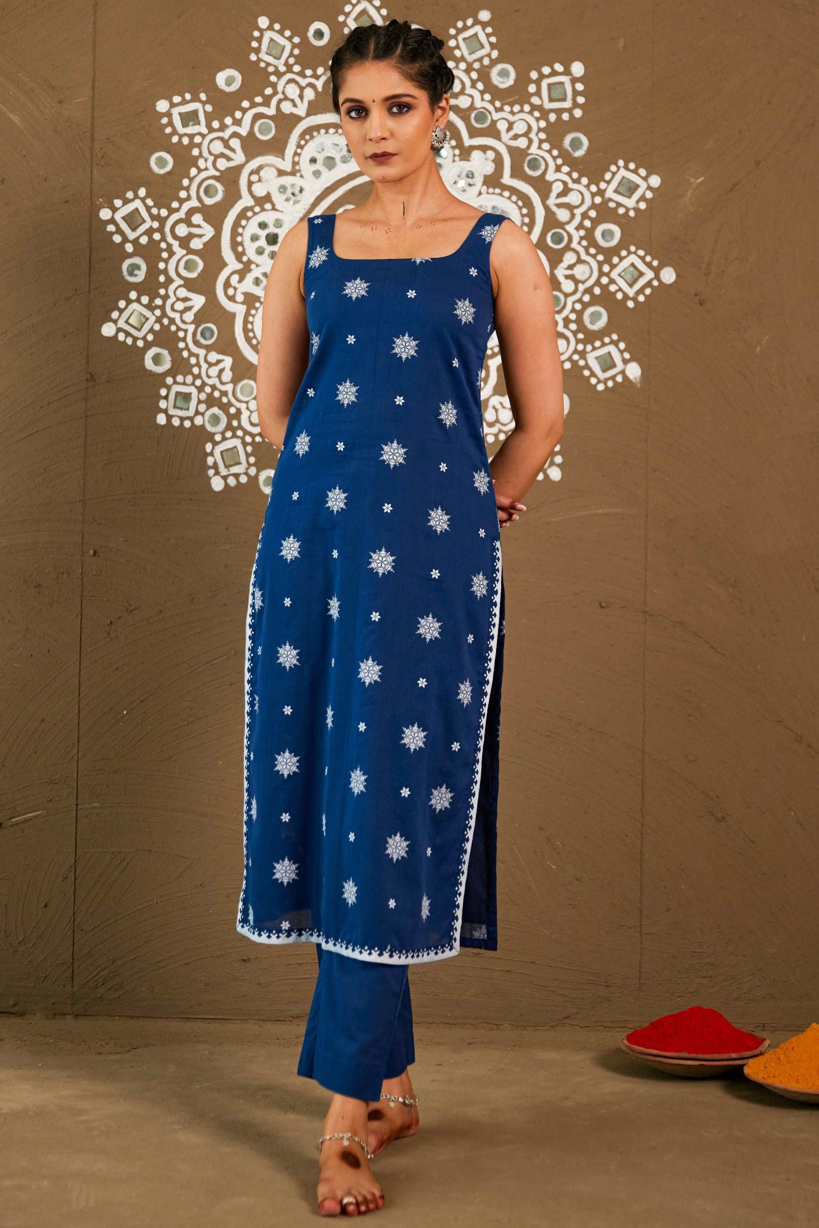 Gagan Blue Cotton Sleeveless Kurta Only