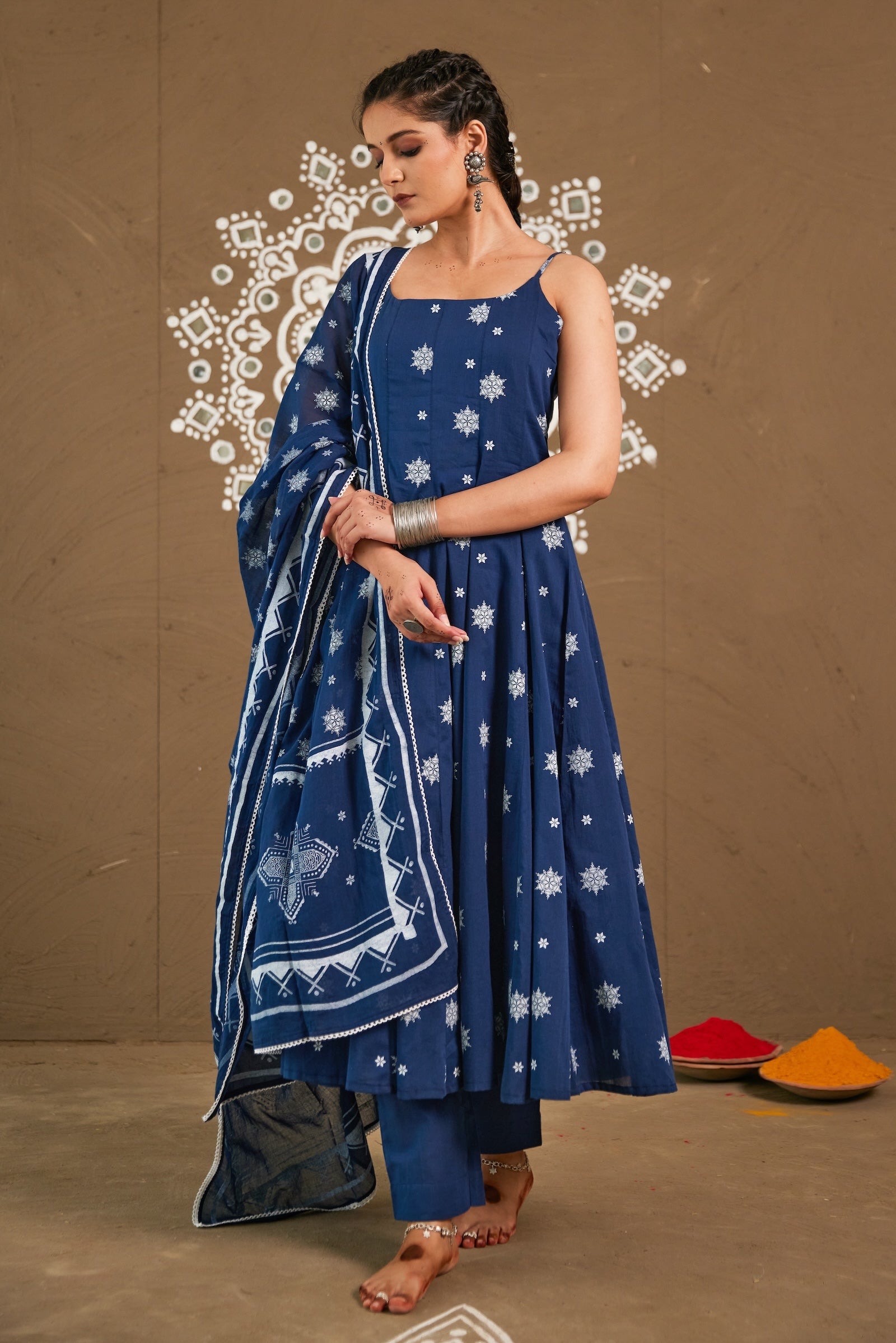 Anika Blue Mul Cotton Adjustable Strap Anarkali Set