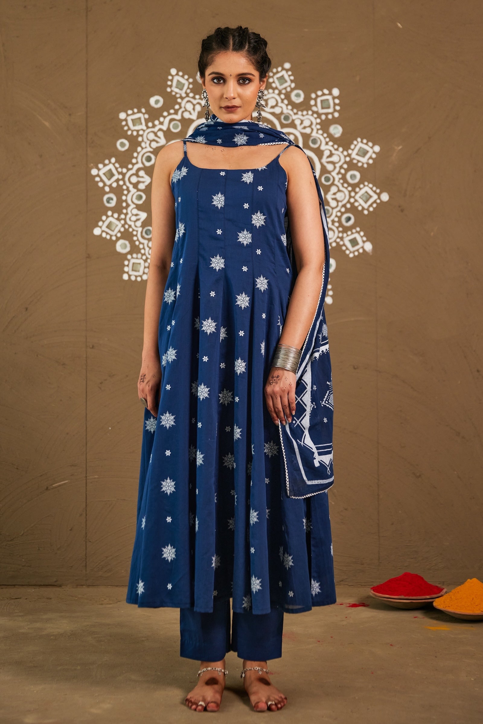 Anika Blue Mul Cotton Adjustable Strap Anarkali Set