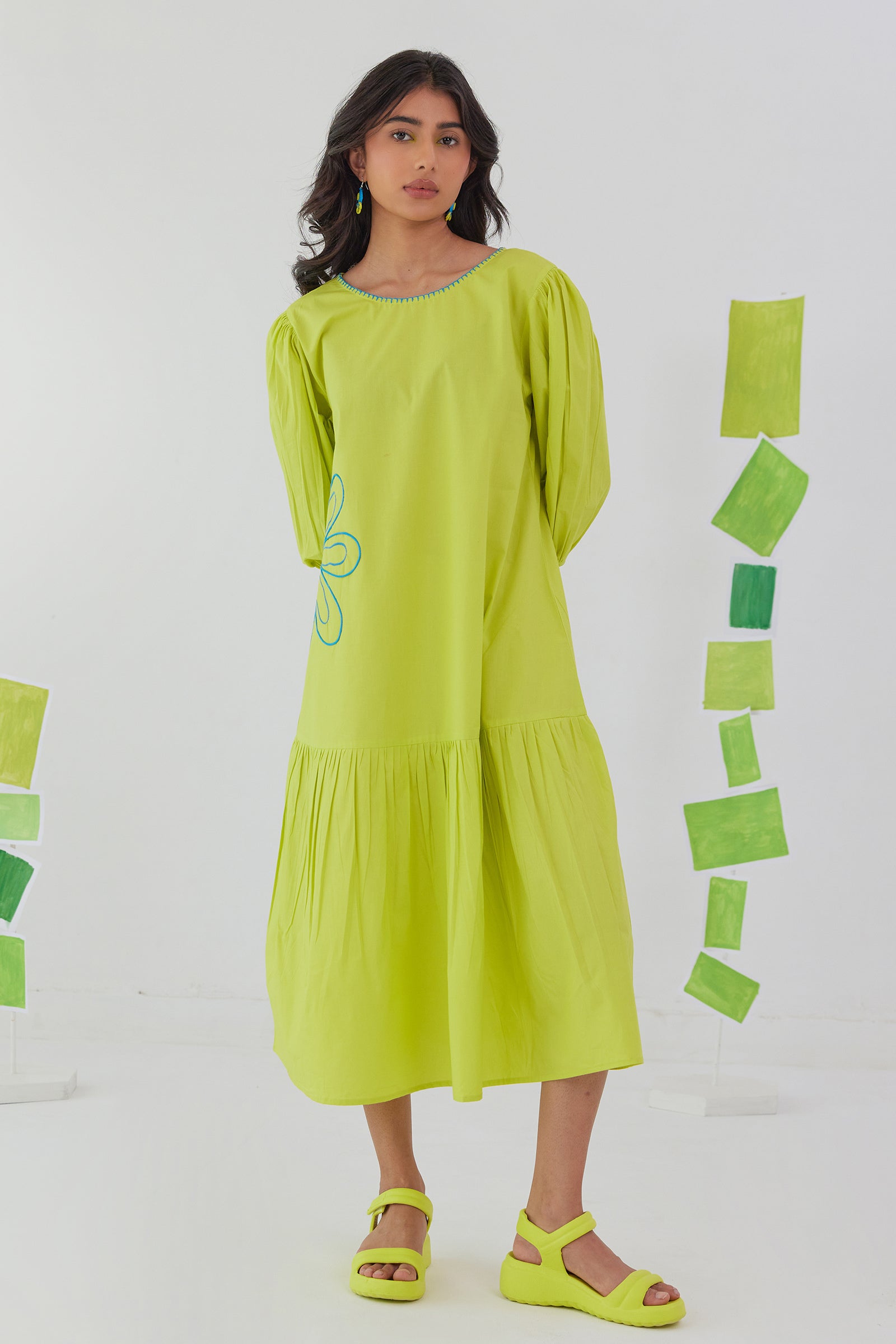 NEONADE LIME NEON POPLIN EMBROIDERED TIERED DRESS