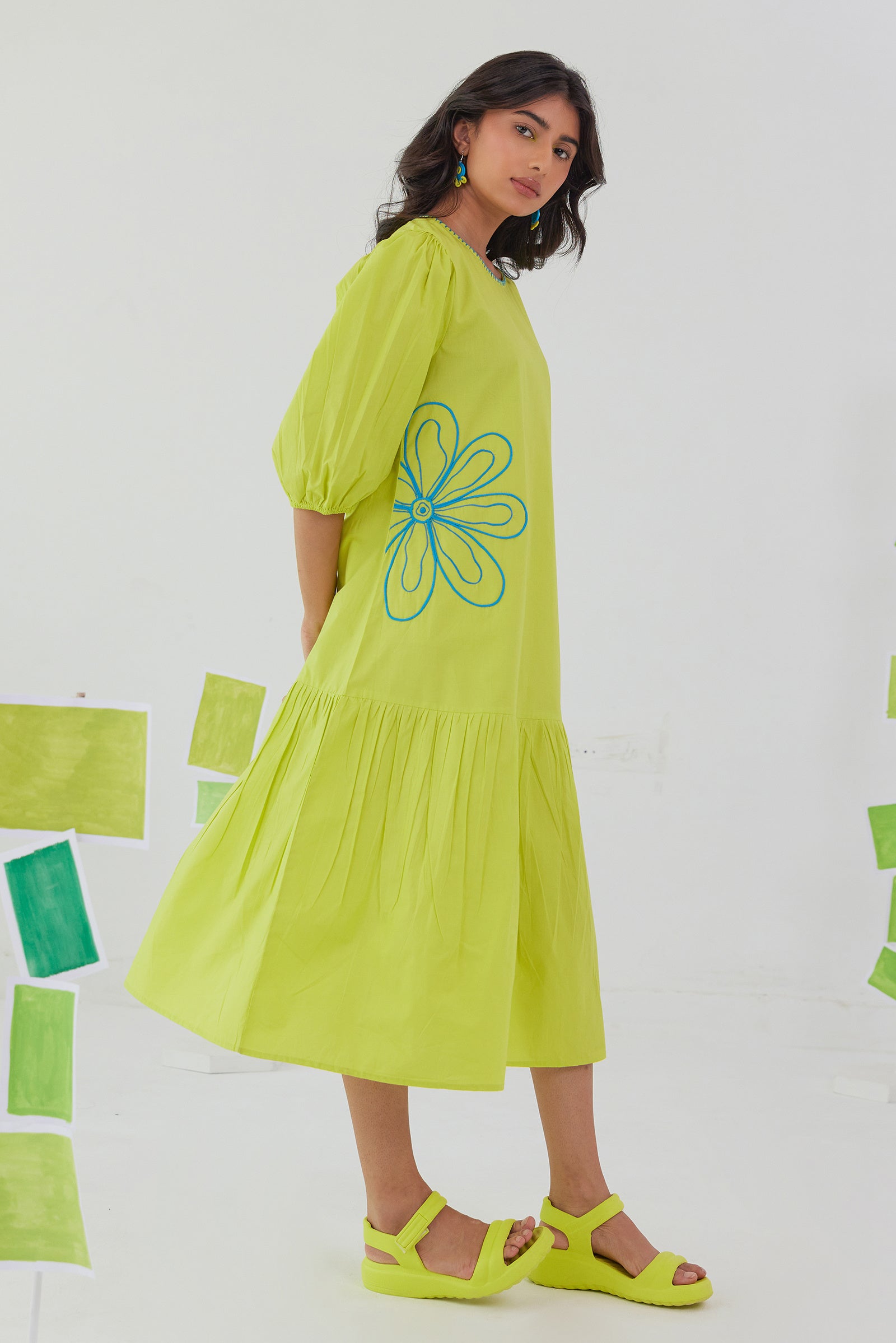 NEONADE LIME NEON POPLIN EMBROIDERED TIERED DRESS