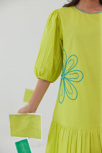 NEONADE LIME NEON POPLIN EMBROIDERED TIERED DRESS