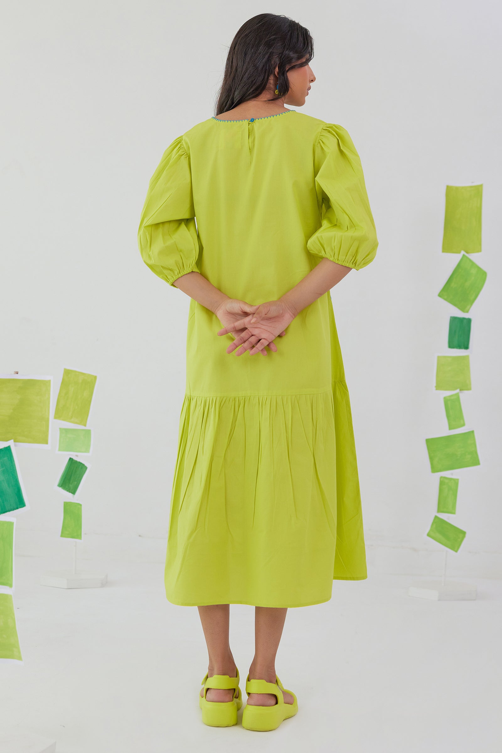 NEONADE LIME NEON POPLIN EMBROIDERED TIERED DRESS