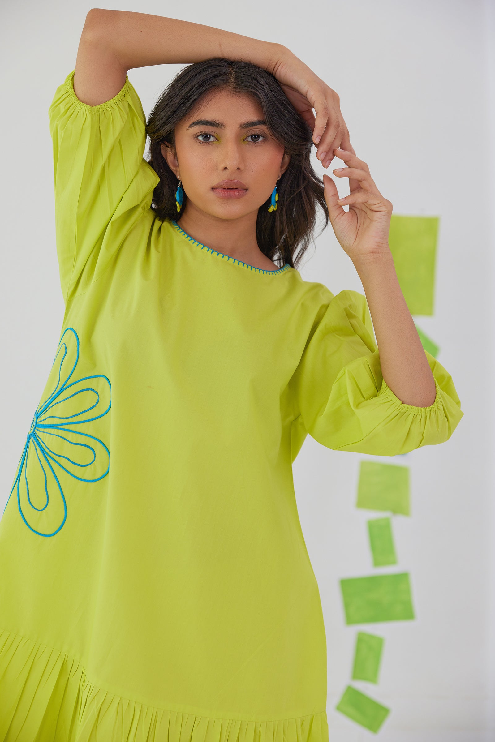 NEONADE LIME NEON POPLIN EMBROIDERED TIERED DRESS