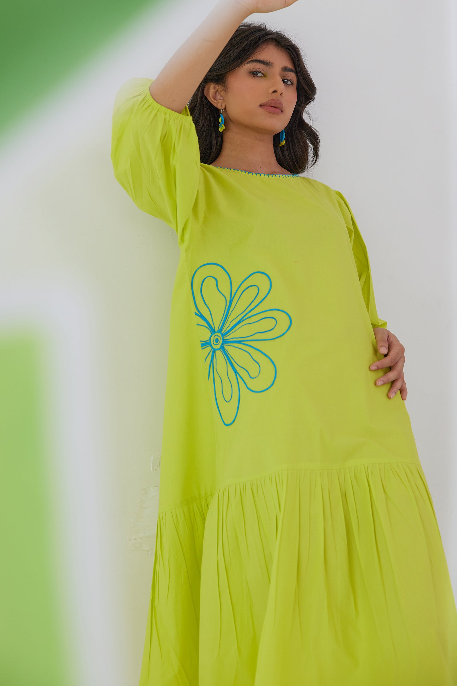 NEONADE LIME NEON POPLIN EMBROIDERED TIERED DRESS