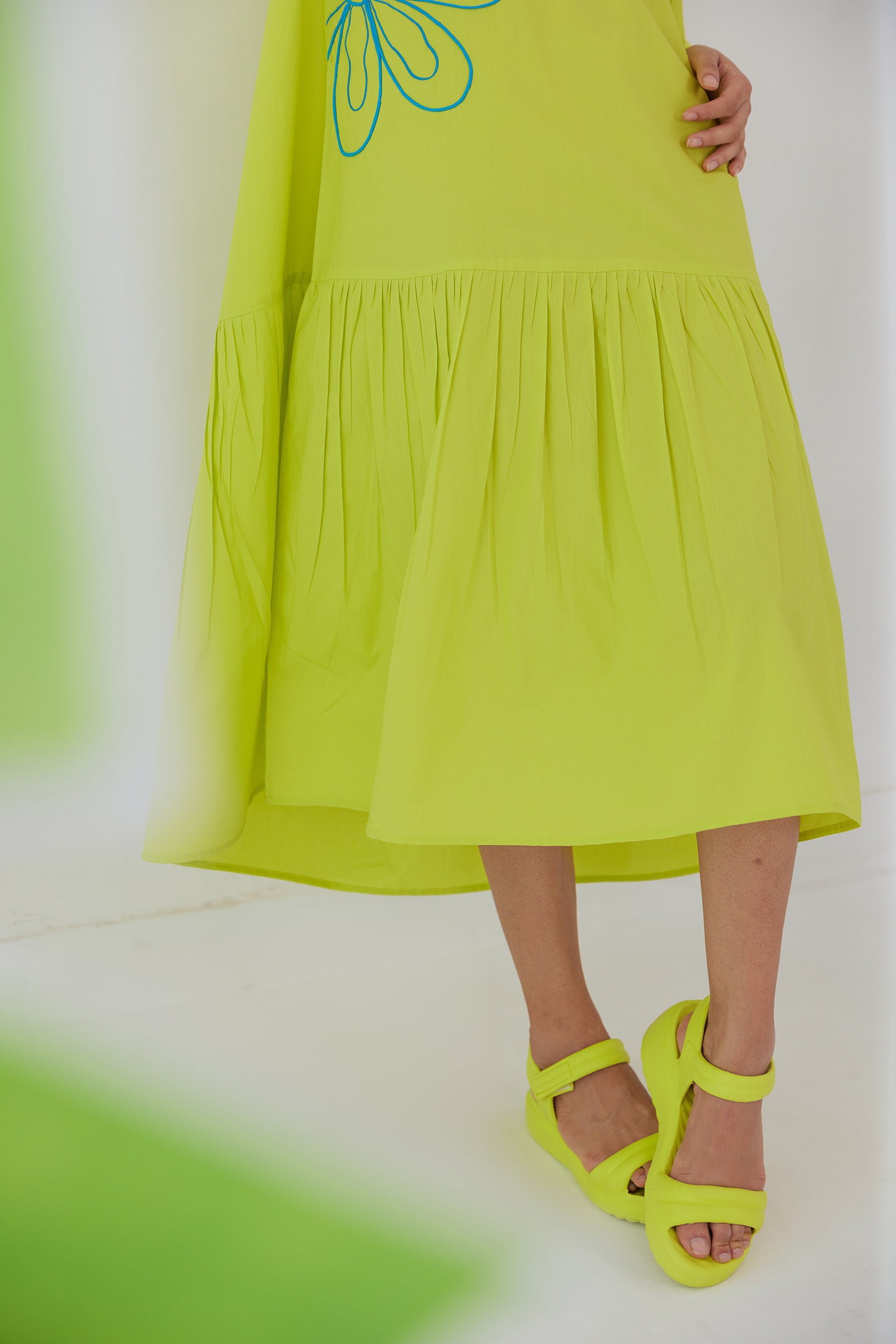 NEONADE LIME NEON POPLIN EMBROIDERED TIERED DRESS