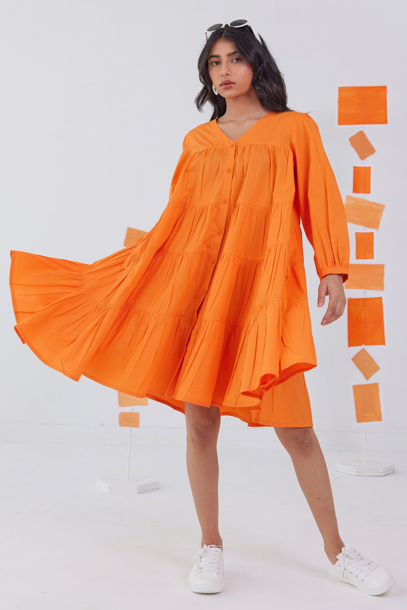 SWIRLY ORANGE POPLIN TIERED KNEE LENGTH DRESS