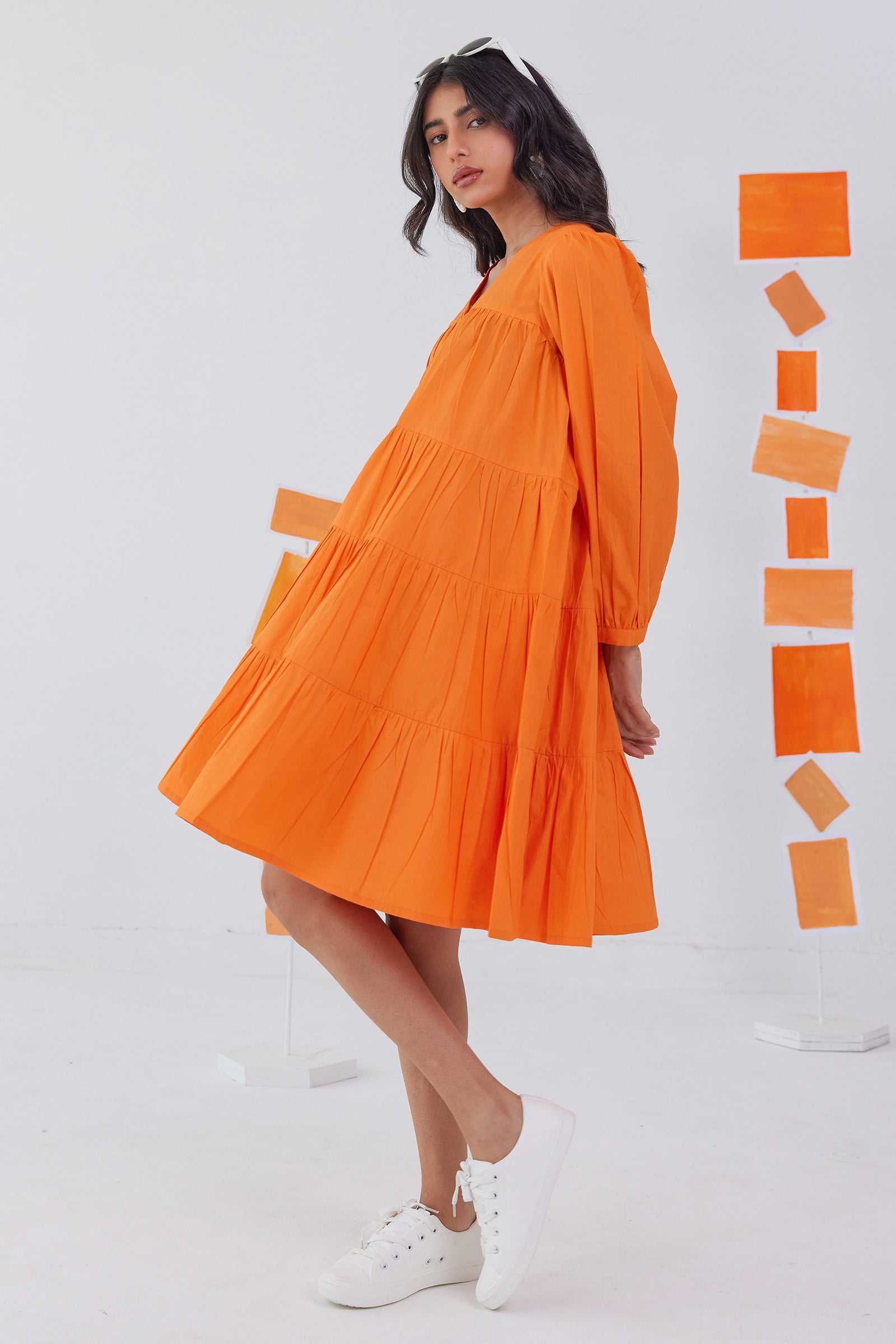 SWIRLY ORANGE POPLIN TIERED KNEE LENGTH DRESS