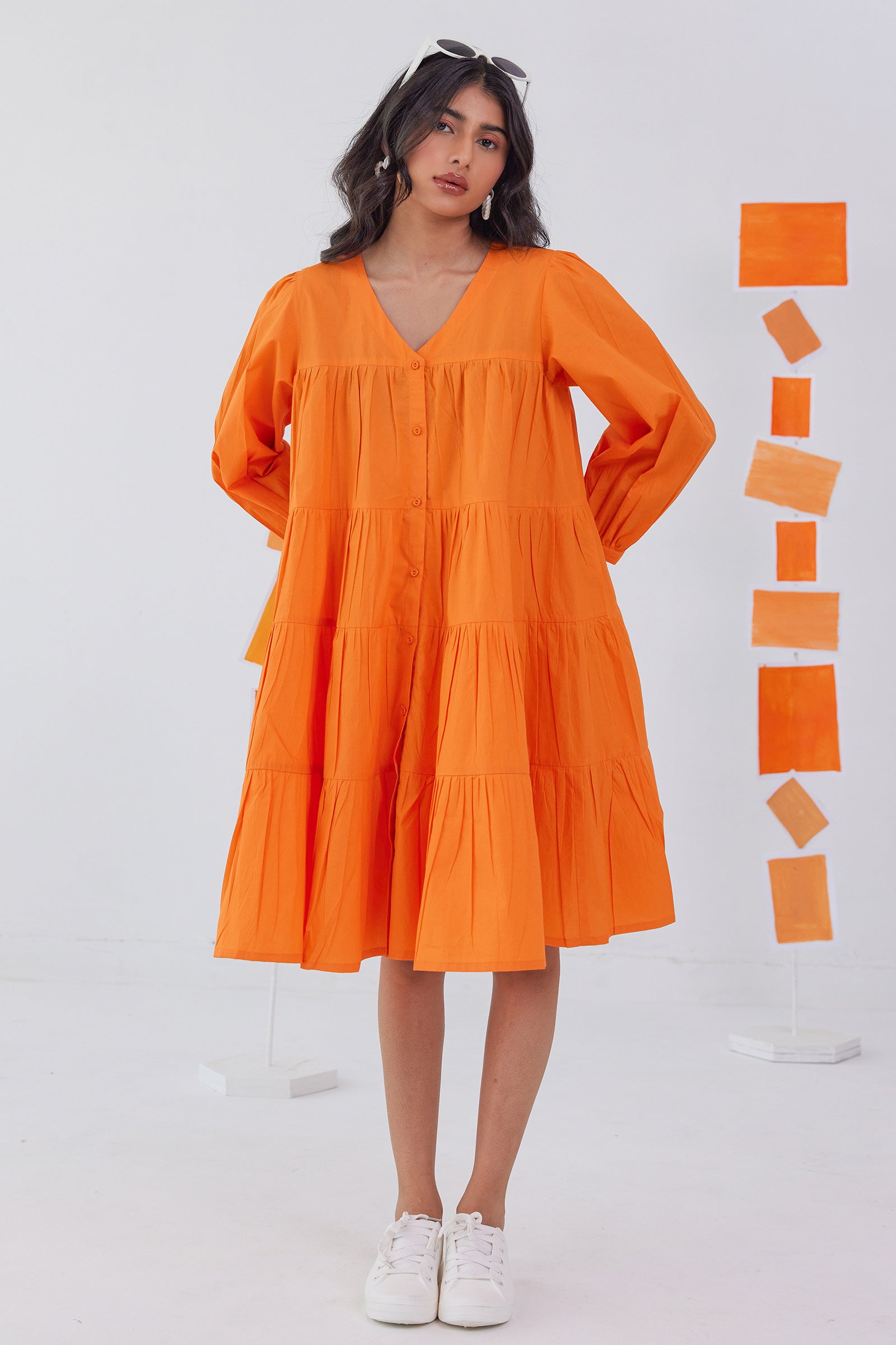 SWIRLY ORANGE POPLIN TIERED KNEE LENGTH DRESS