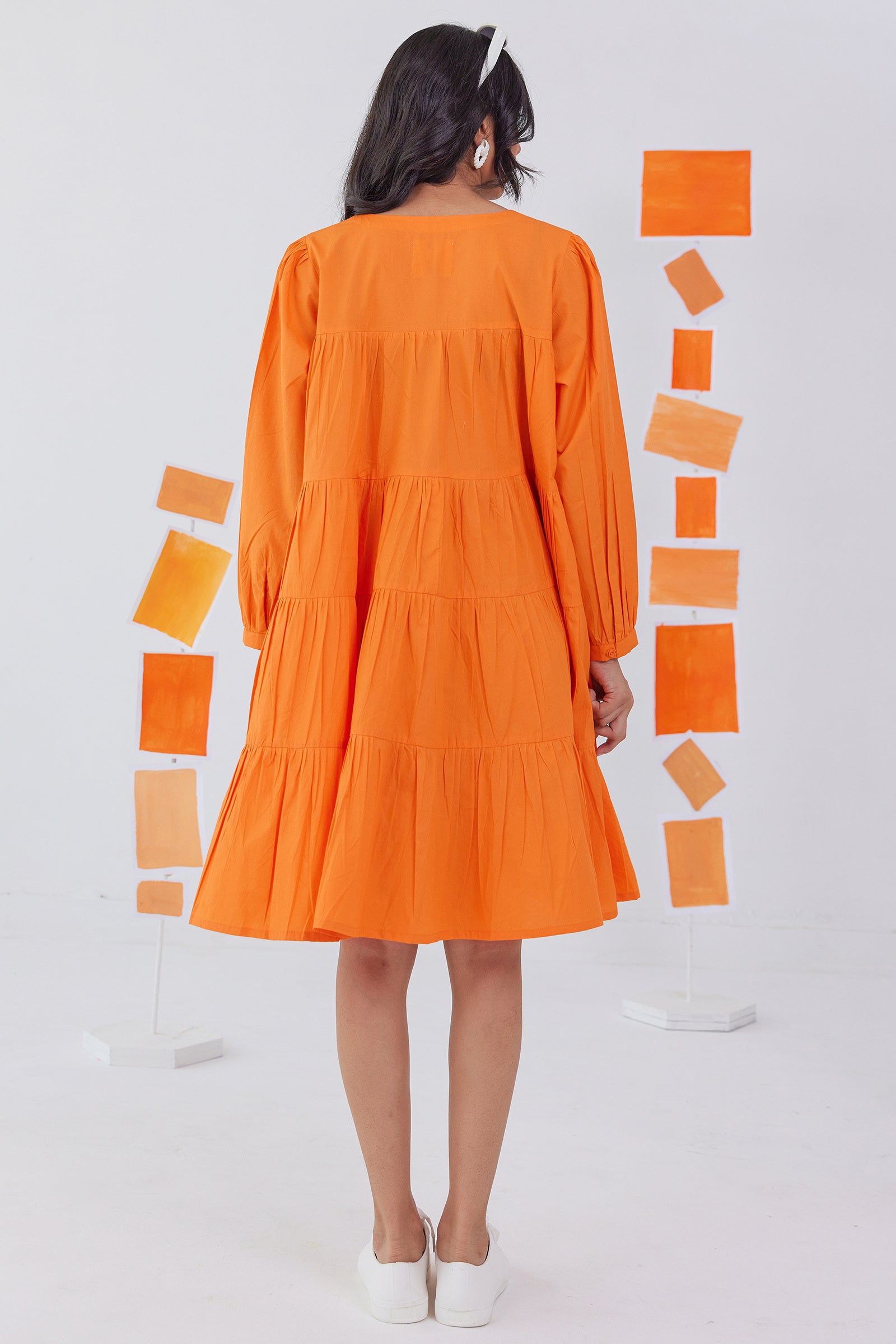 SWIRLY ORANGE POPLIN TIERED KNEE LENGTH DRESS