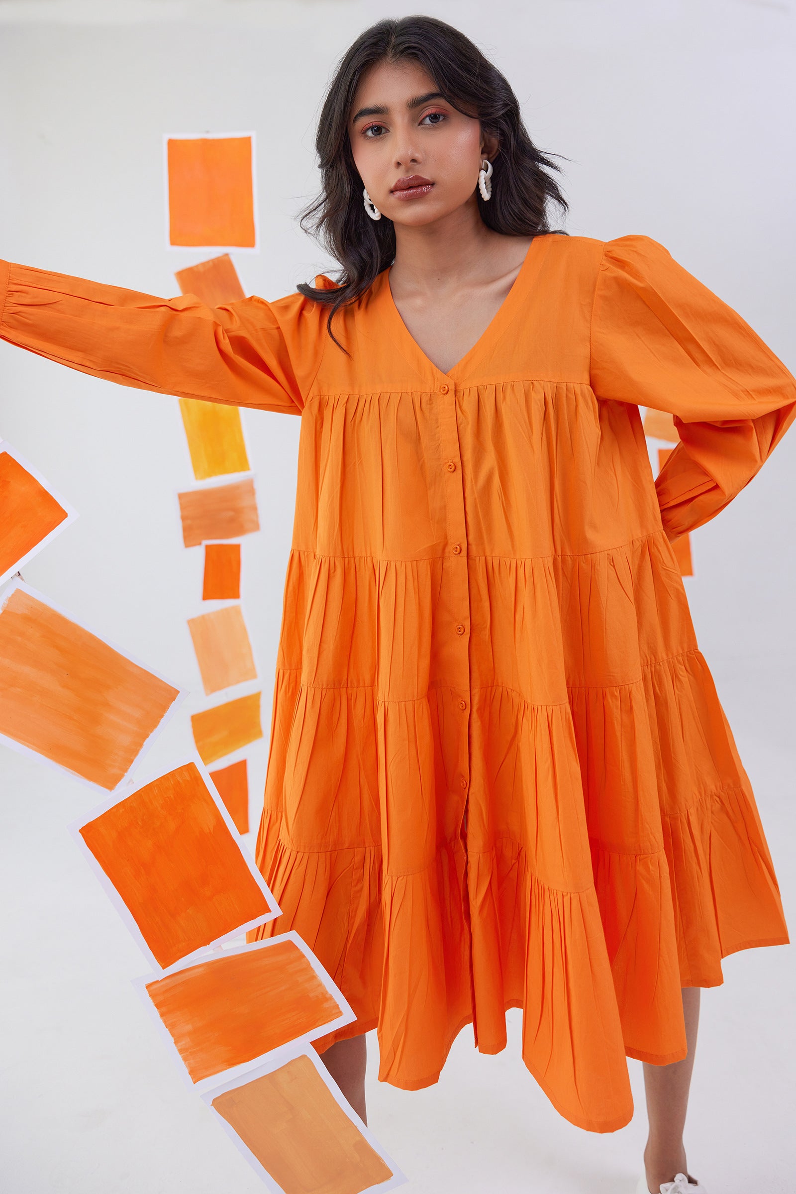 SWIRLY ORANGE POPLIN TIERED KNEE LENGTH DRESS