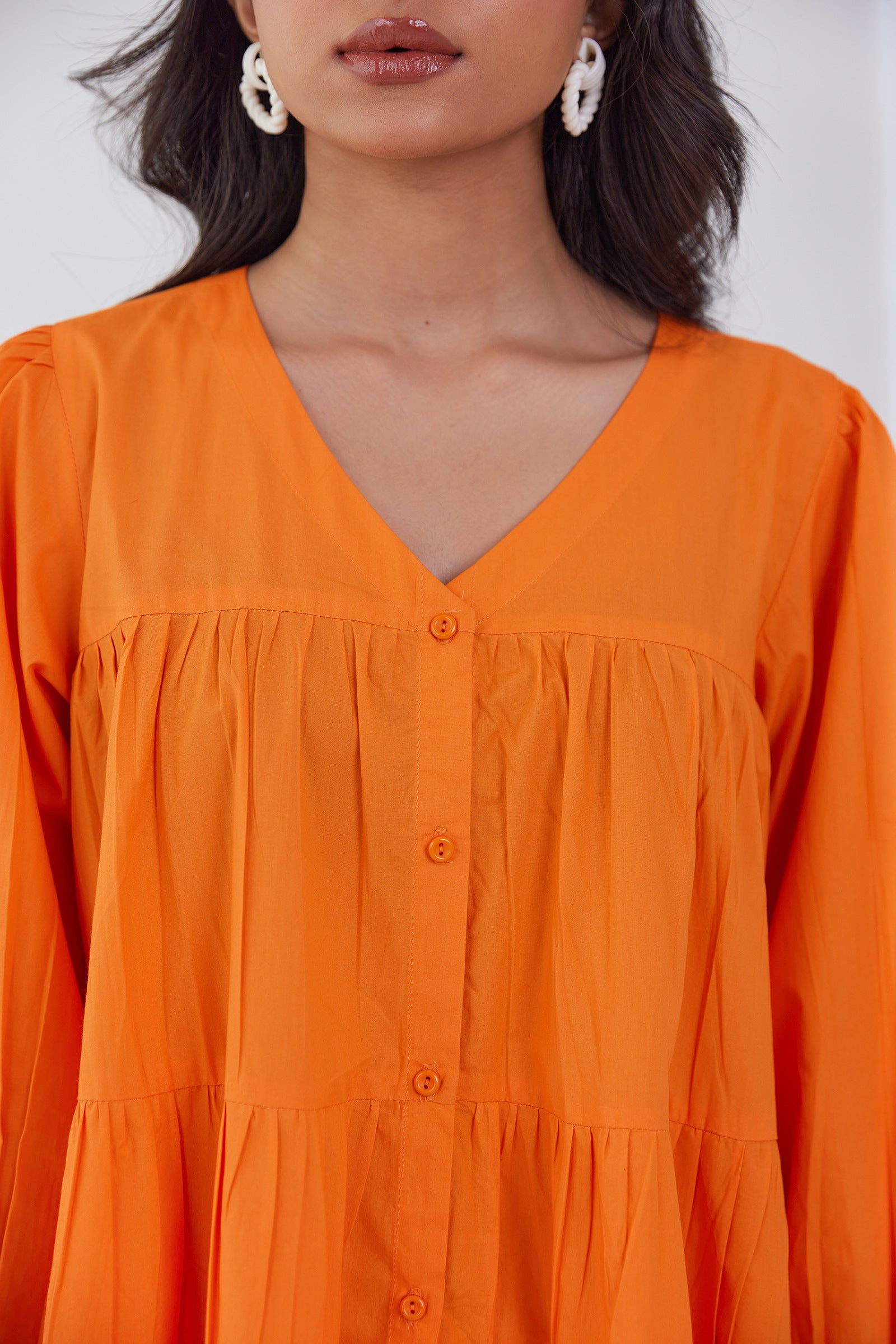 SWIRLY ORANGE POPLIN TIERED KNEE LENGTH DRESS