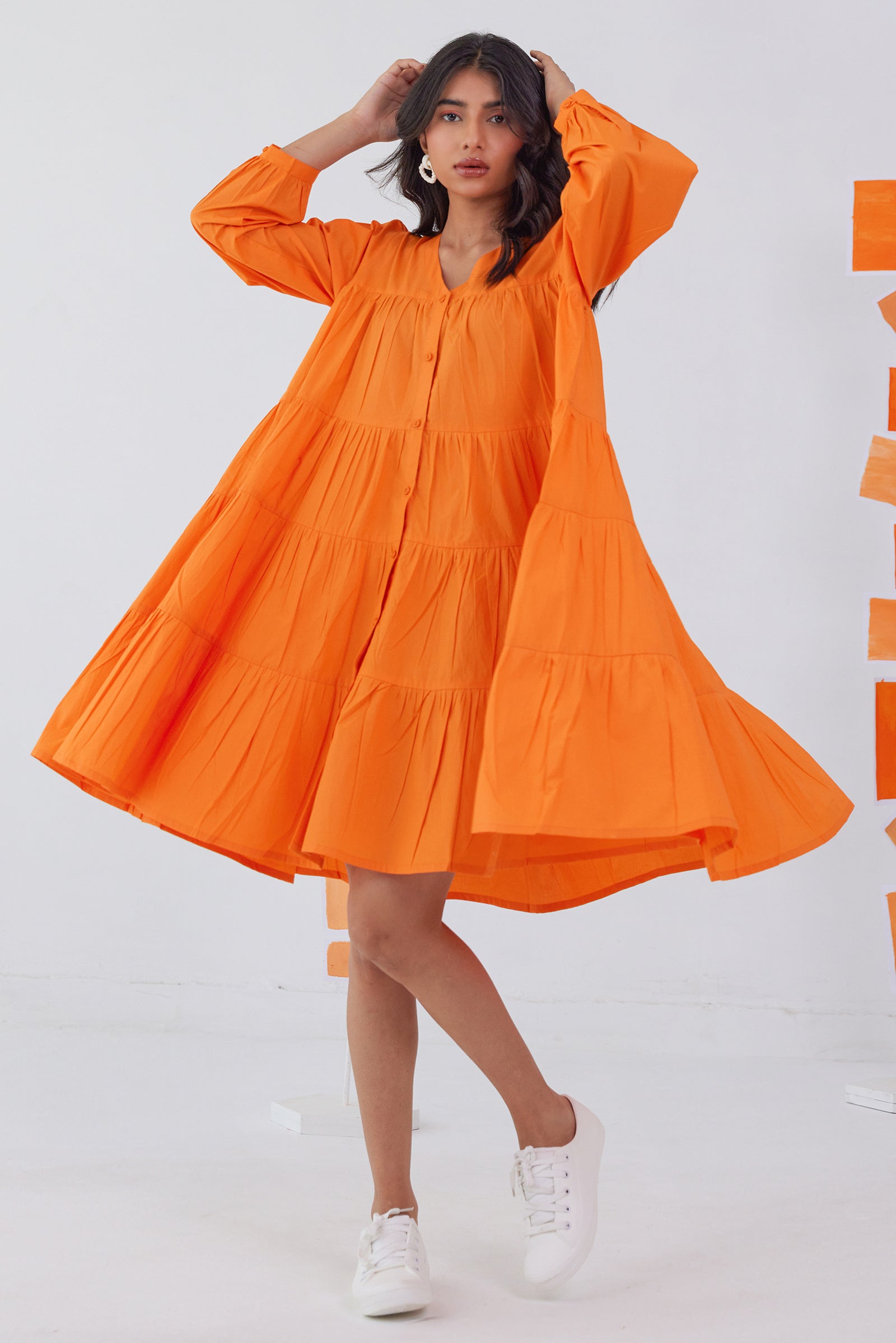 SWIRLY ORANGE POPLIN TIERED KNEE LENGTH DRESS