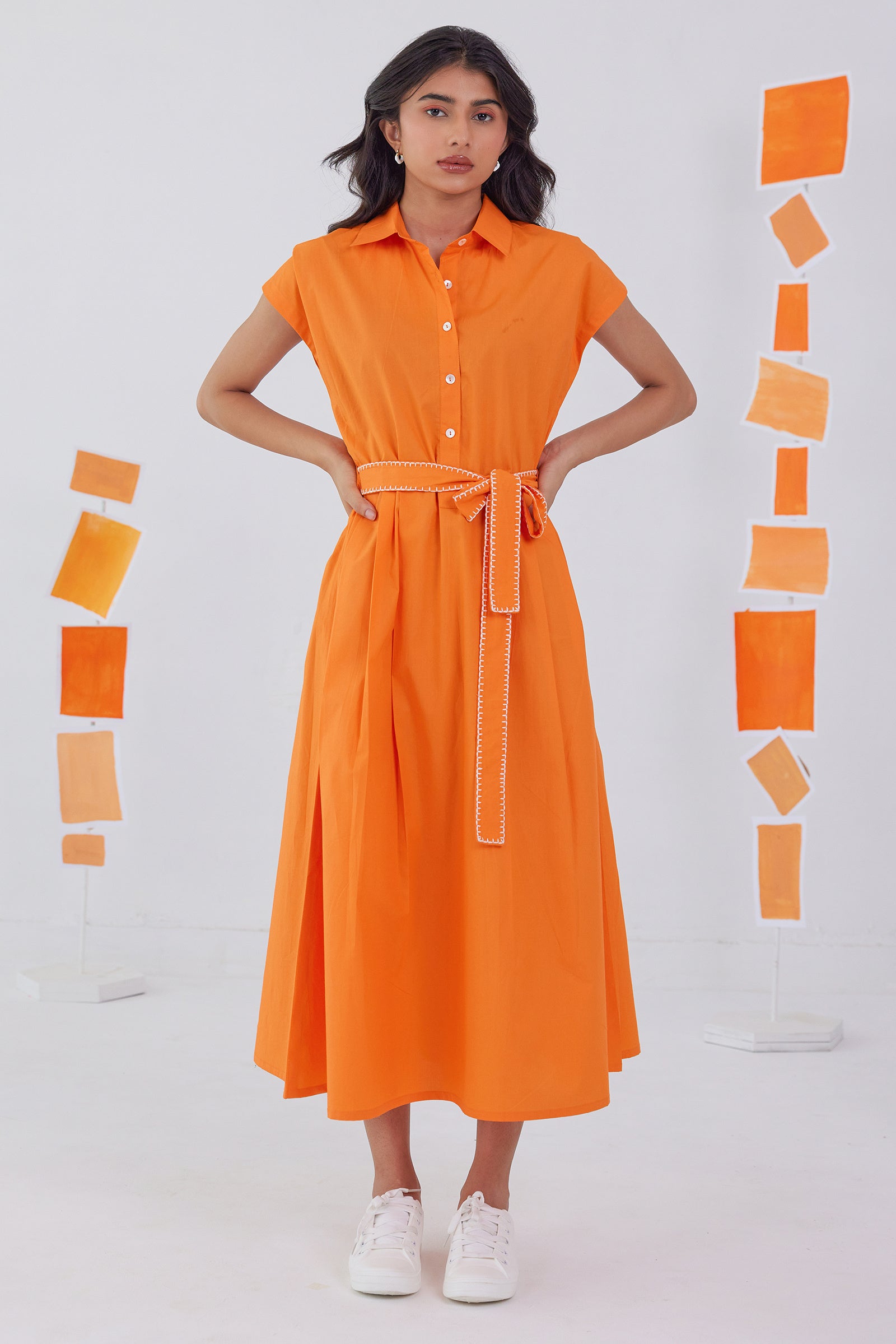 FLAME ORANGE POPLIN SHIRT DRESS WITH EMBROIDERED BELT