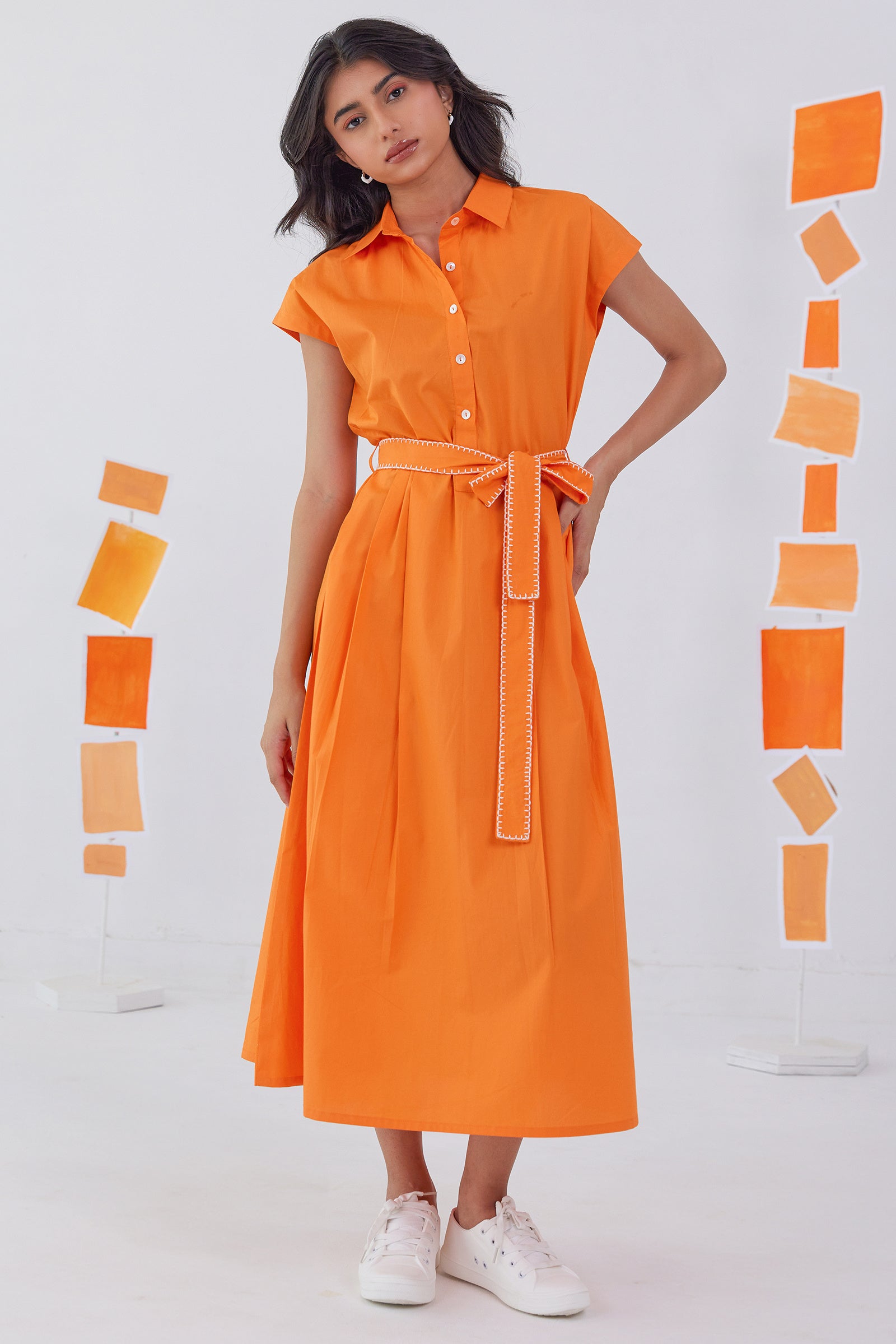 FLAME ORANGE POPLIN SHIRT DRESS WITH EMBROIDERED BELT