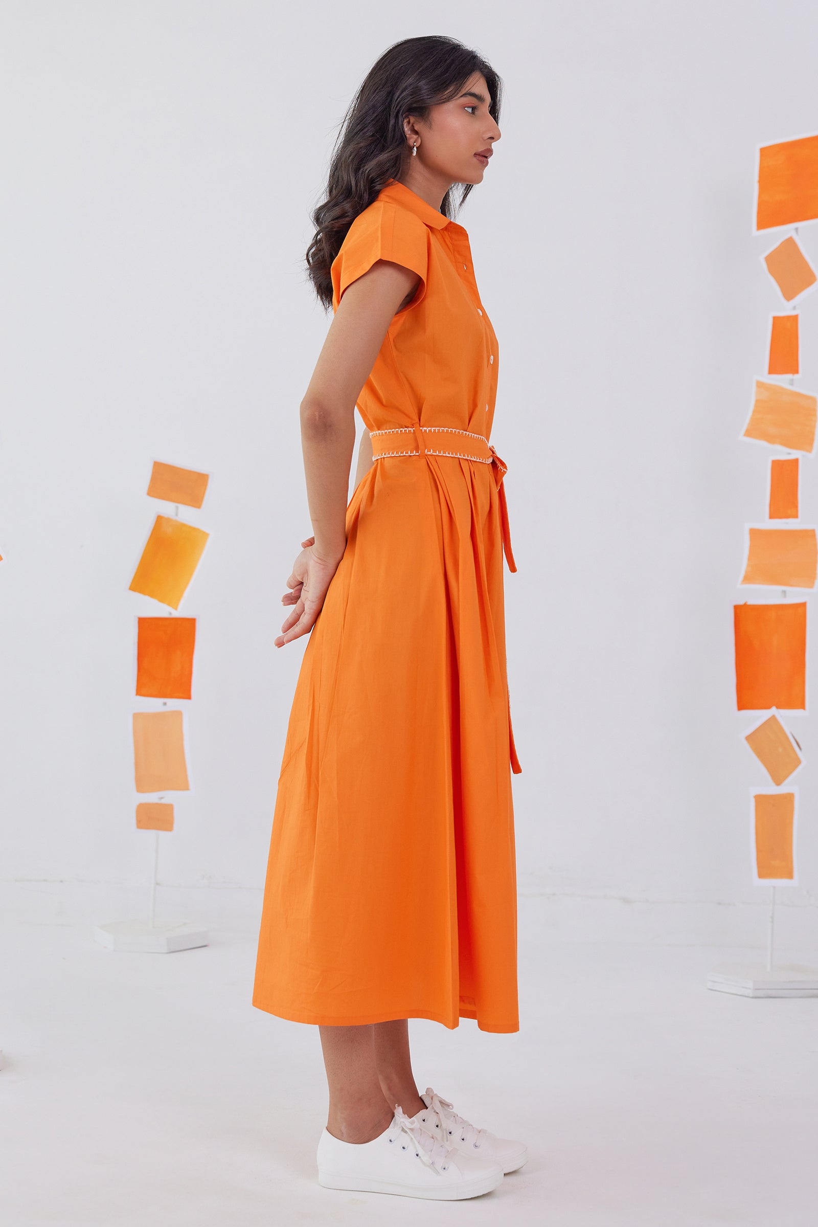 FLAME ORANGE POPLIN SHIRT DRESS WITH EMBROIDERED BELT