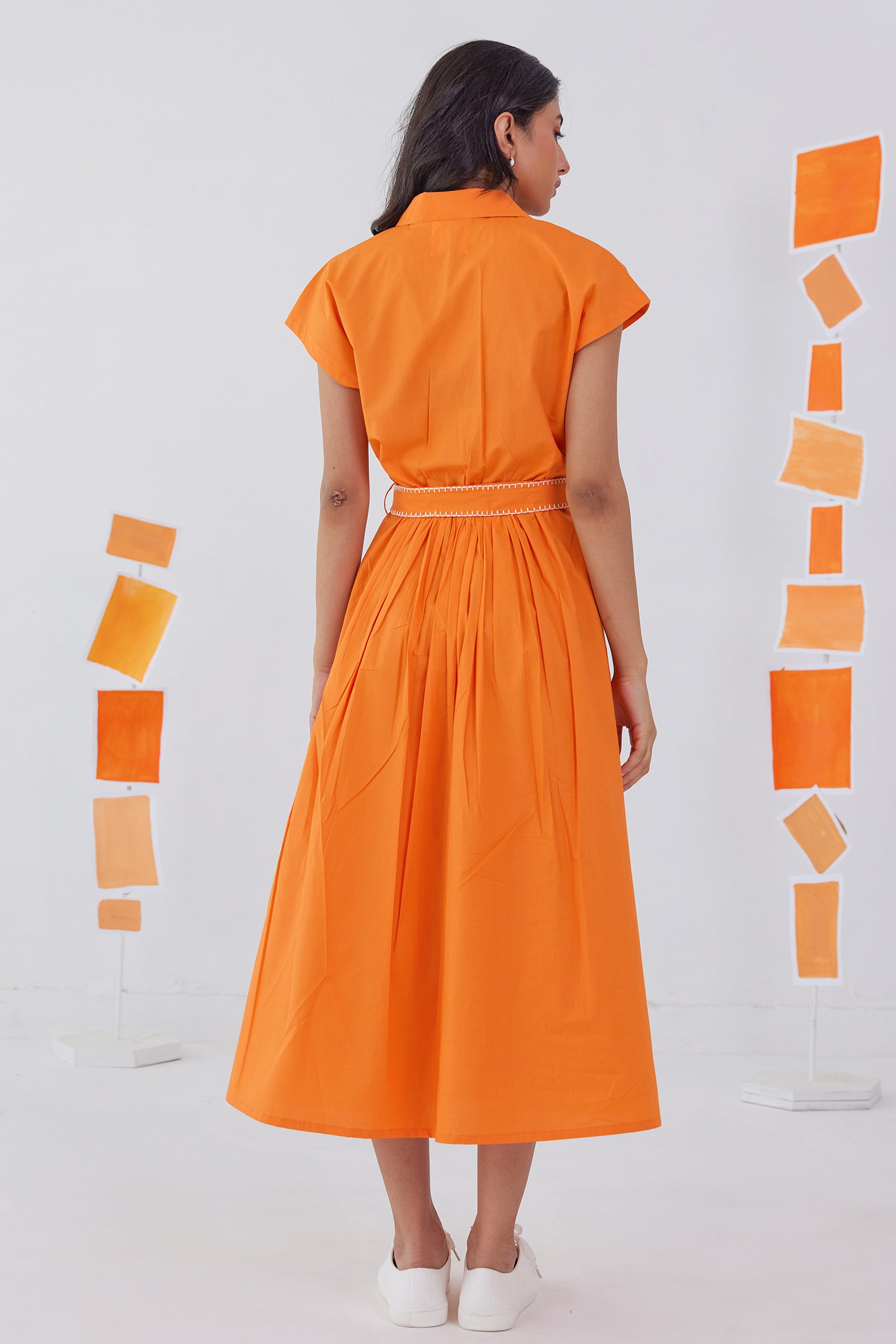 FLAME ORANGE POPLIN SHIRT DRESS WITH EMBROIDERED BELT