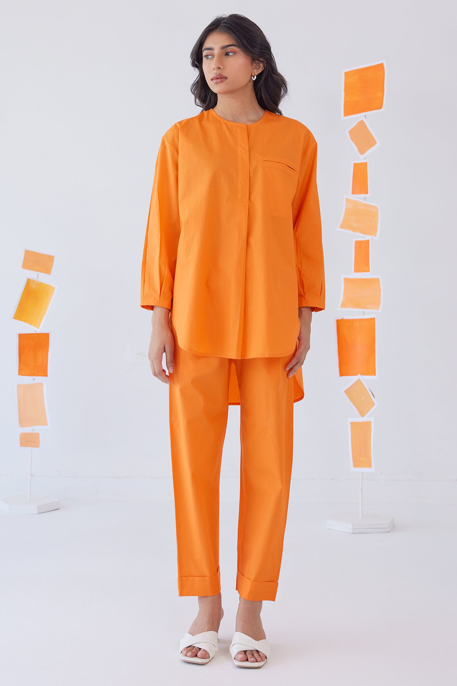 SORBET ORANGE POPLIN SHIRT PANT CO-ORD SET