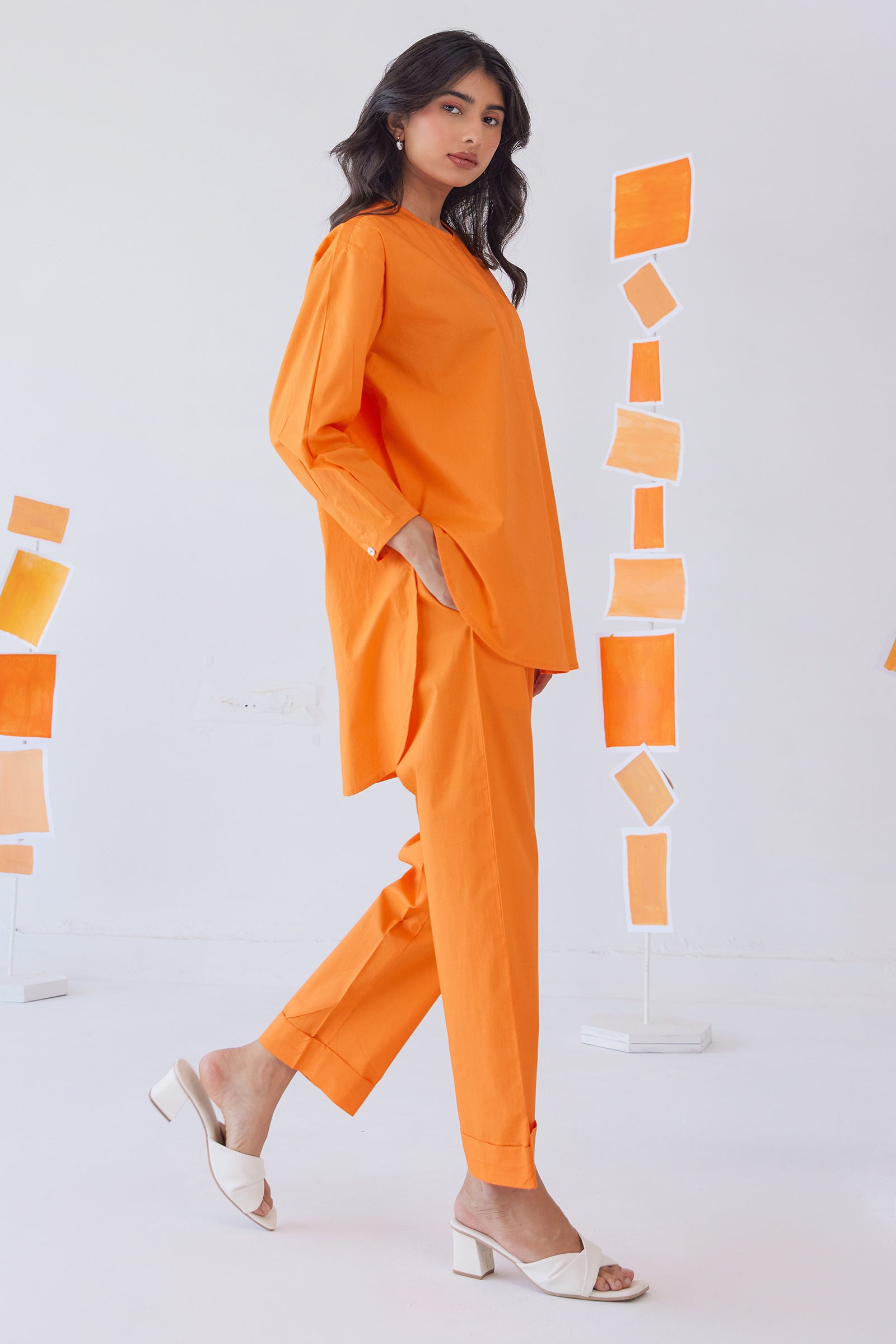 SORBET ORANGE POPLIN SHIRT PANT CO-ORD SET