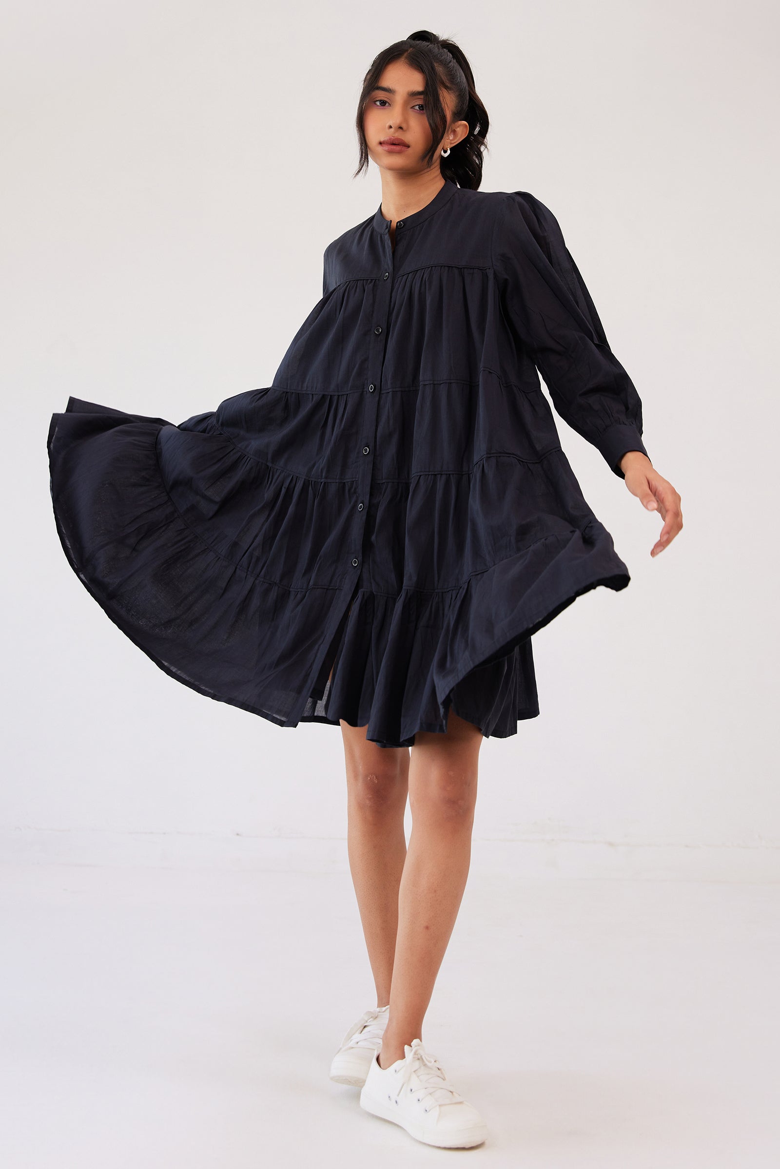 CHARCOAL BLACK MUL COTTON TIERED KNEE LENGTH DRESS