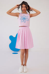 POWERPUFF PINK EMBROIEDERED TOP - PLEATED SKIRT SET