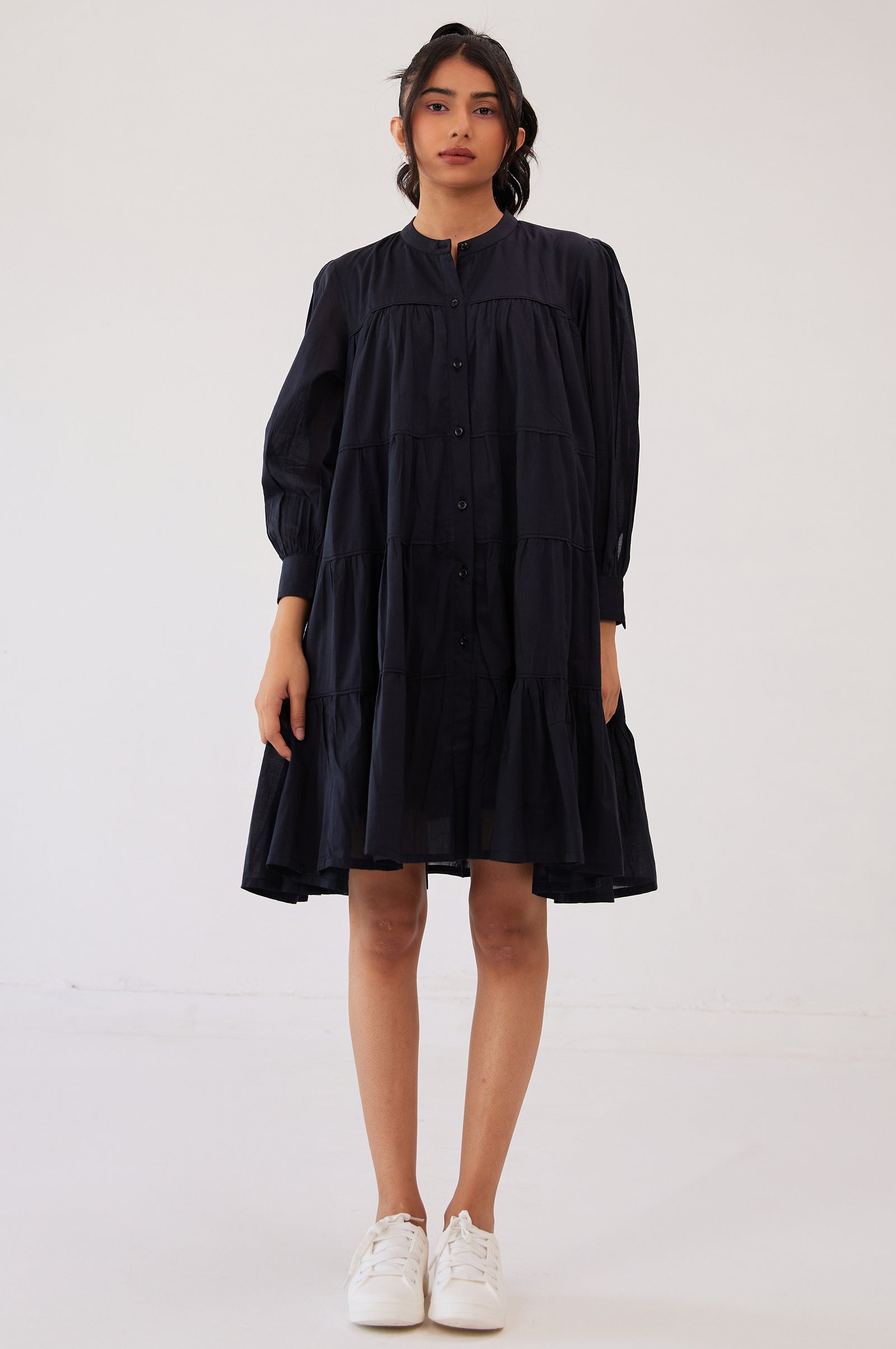 CHARCOAL BLACK MUL COTTON TIERED KNEE LENGTH DRESS