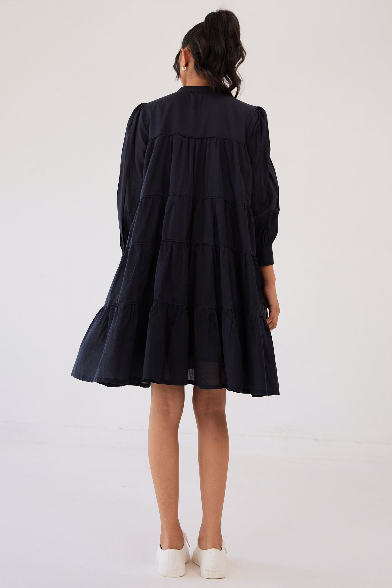 CHARCOAL BLACK MUL COTTON TIERED KNEE LENGTH DRESS