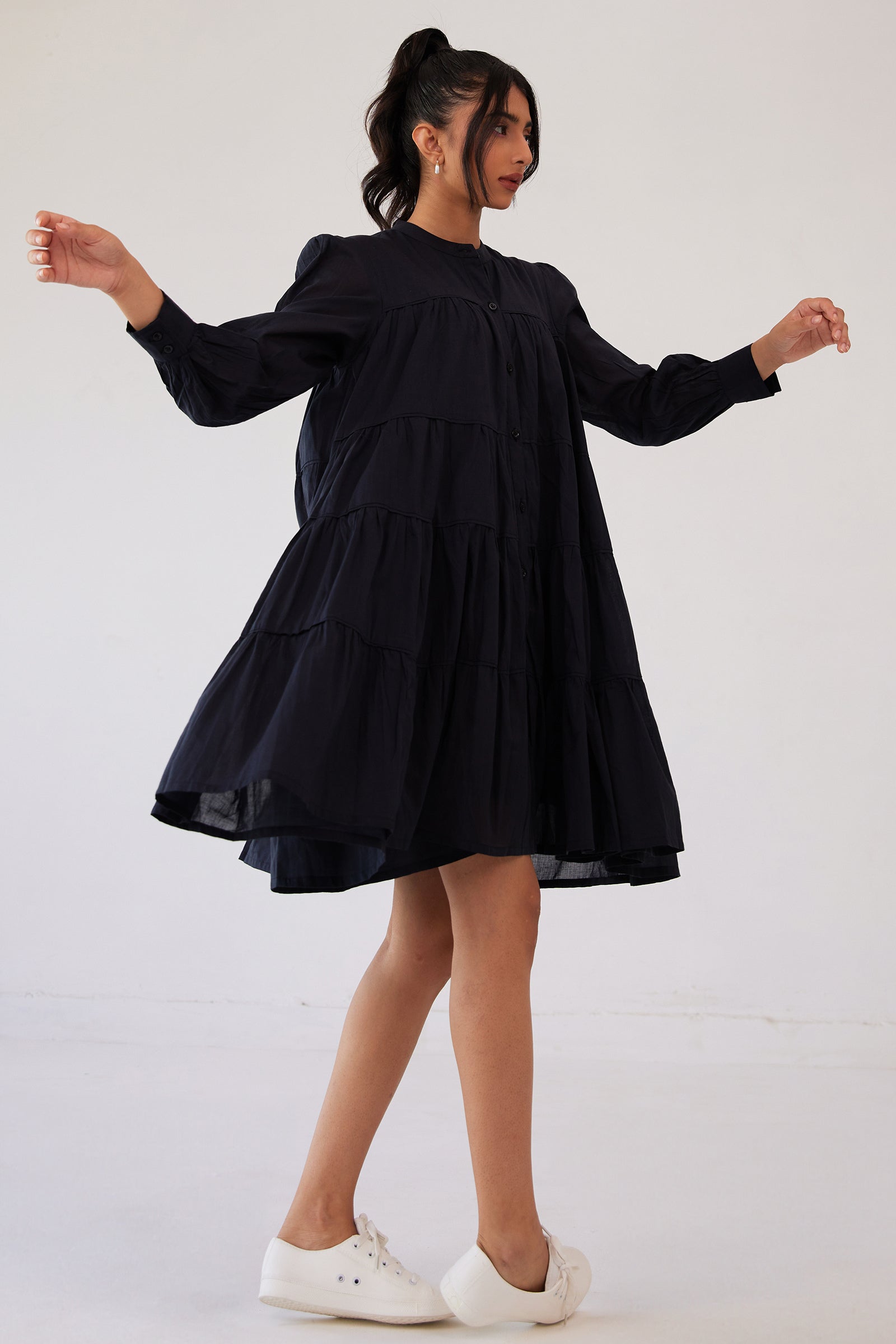 CHARCOAL BLACK MUL COTTON TIERED KNEE LENGTH DRESS