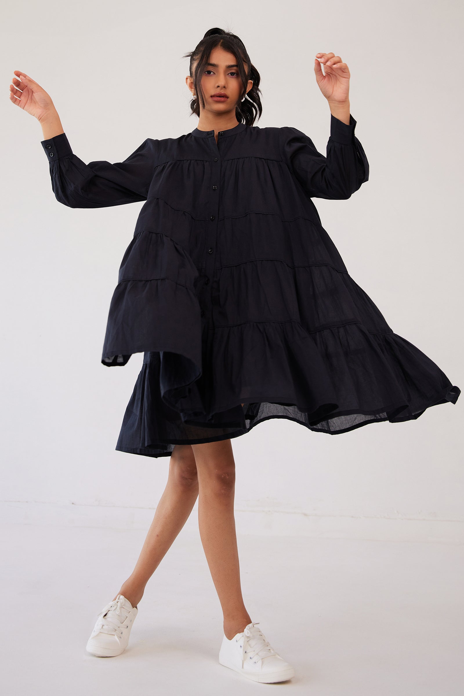 CHARCOAL BLACK MUL COTTON TIERED KNEE LENGTH DRESS