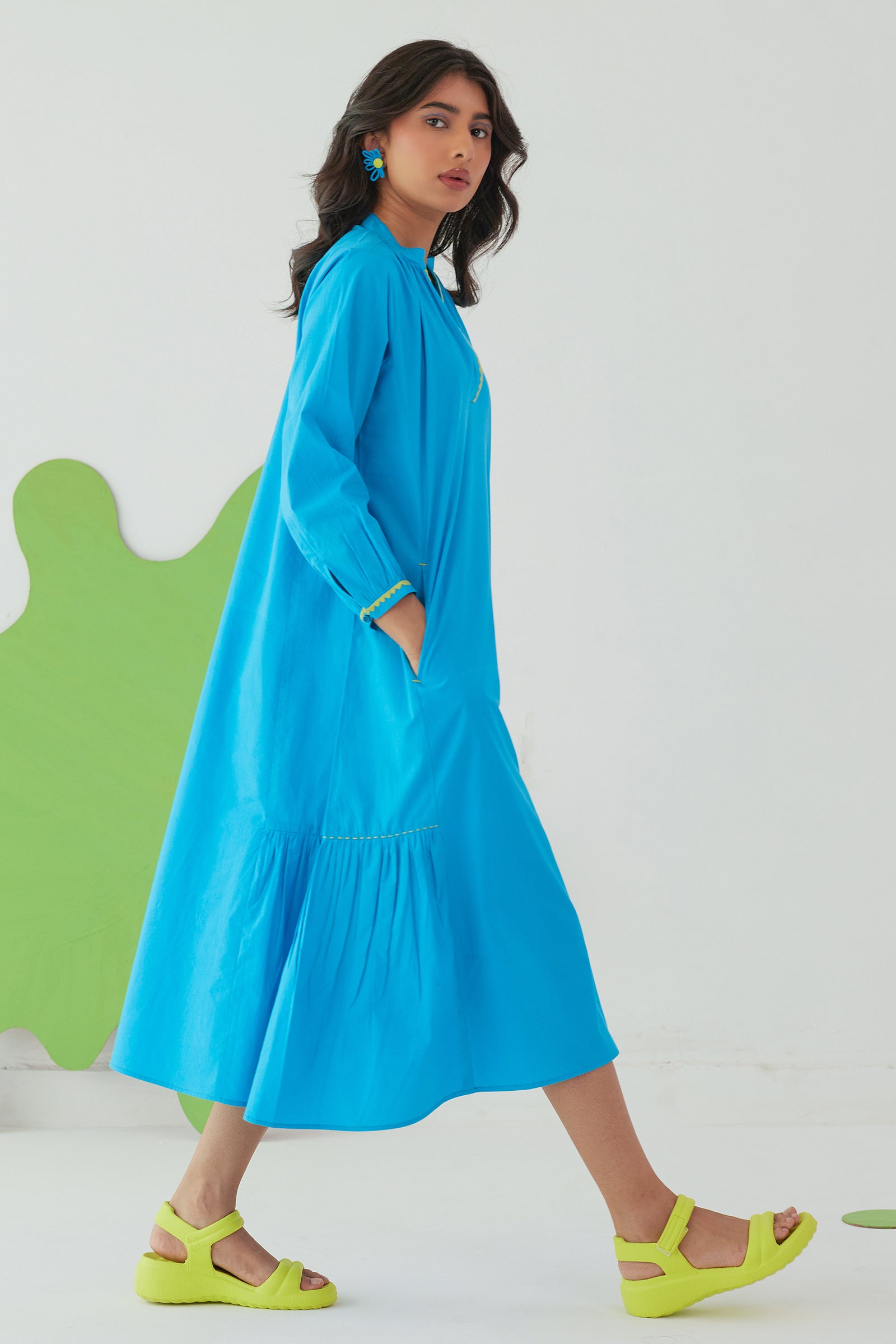 LAGOON BLUE POPLIN CALF LENGTH DRESS