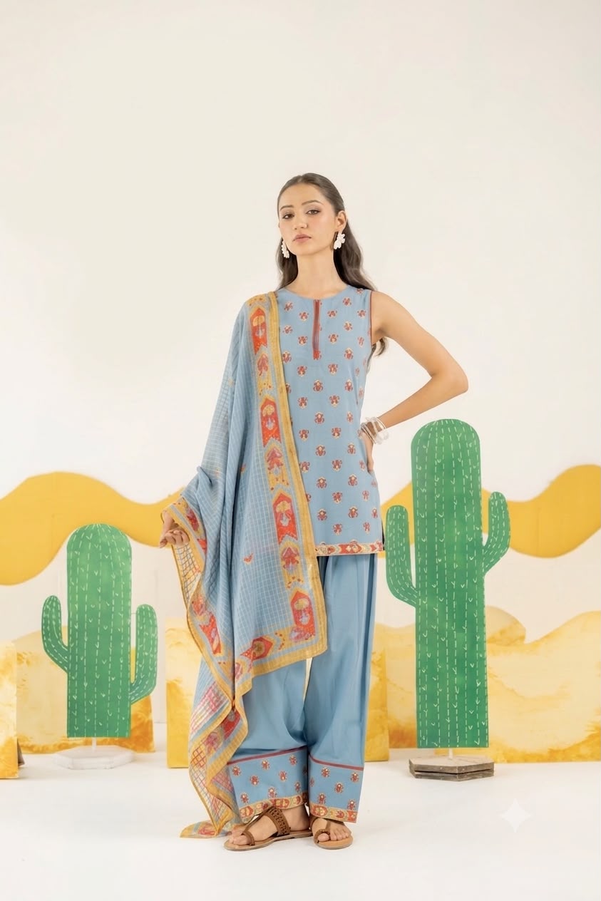 HERITAGE BLUE KAIRA KURTA AND FARSI SALWAR SET OF 3