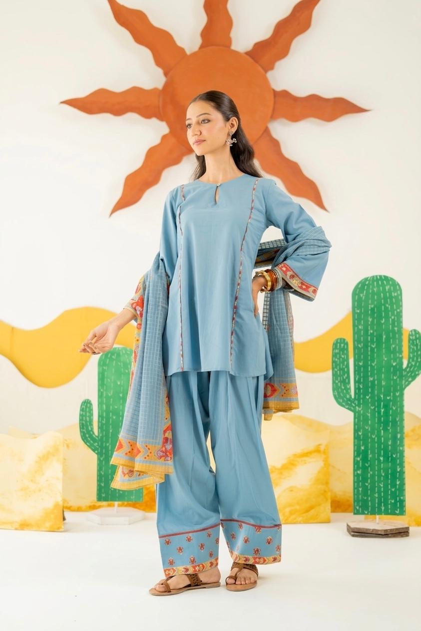 HERITAGE BLUE MAYARA KURTA AND FARSI SALWAR SET OF 3