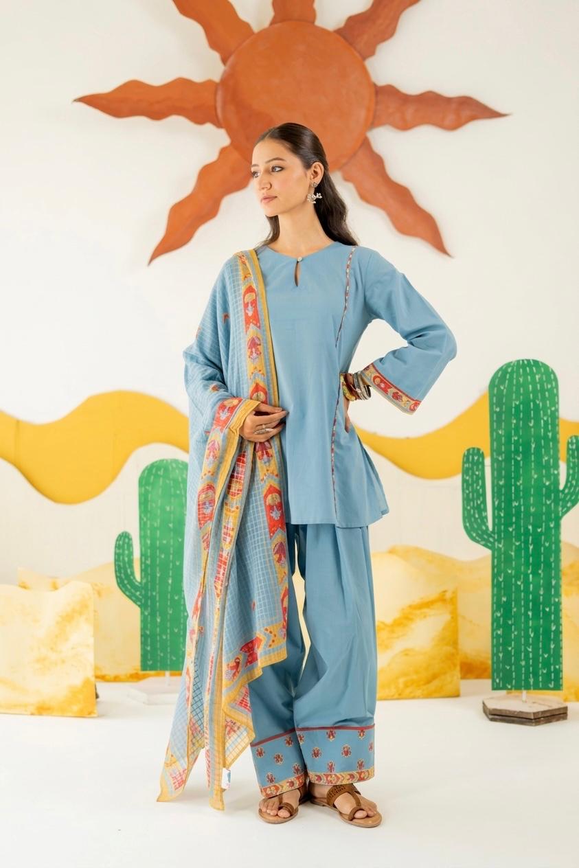 HERITAGE BLUE MAYARA KURTA AND FARSI SALWAR SET OF 3