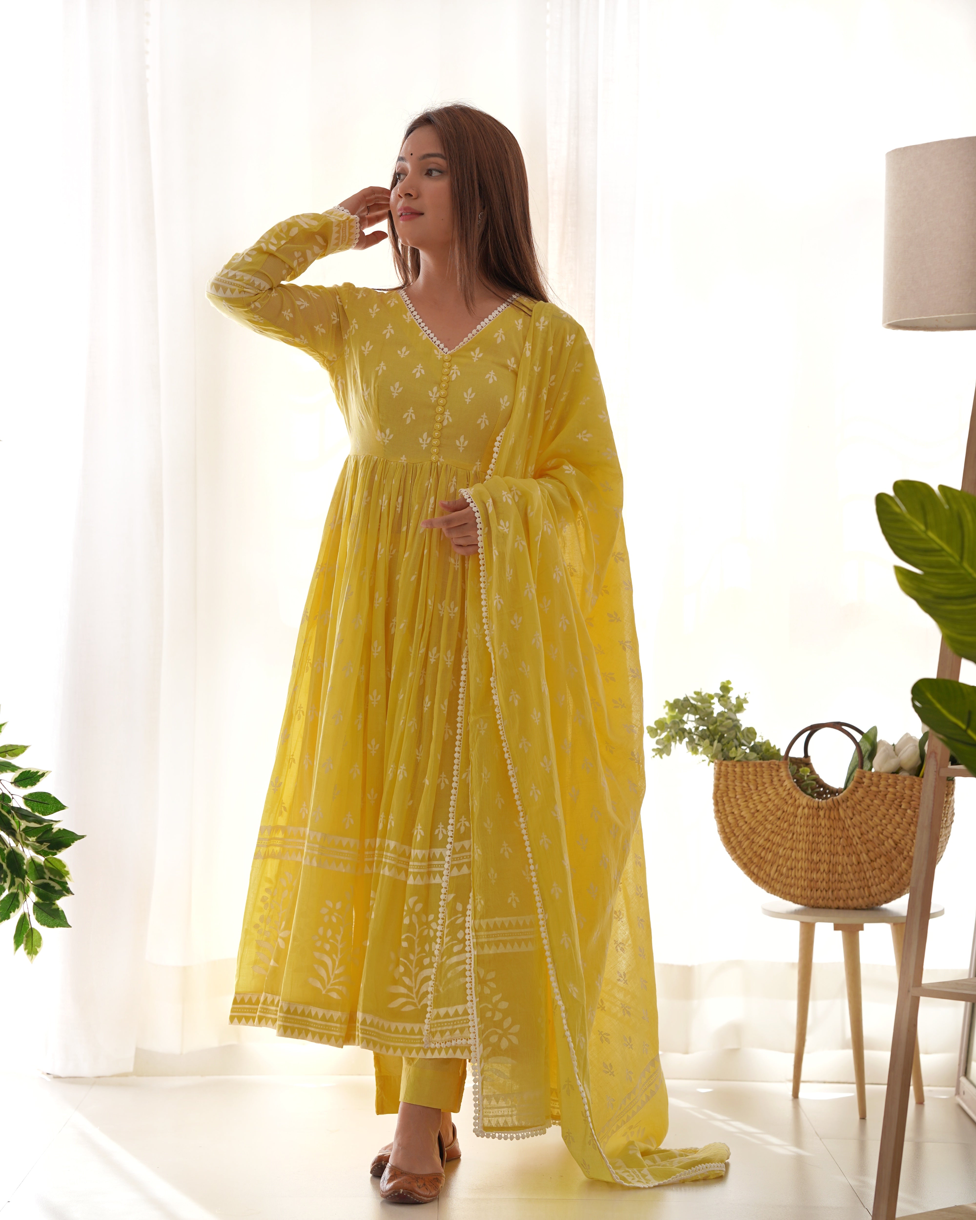 VARNIKA YELLOW MULMUL ANARKALI SET