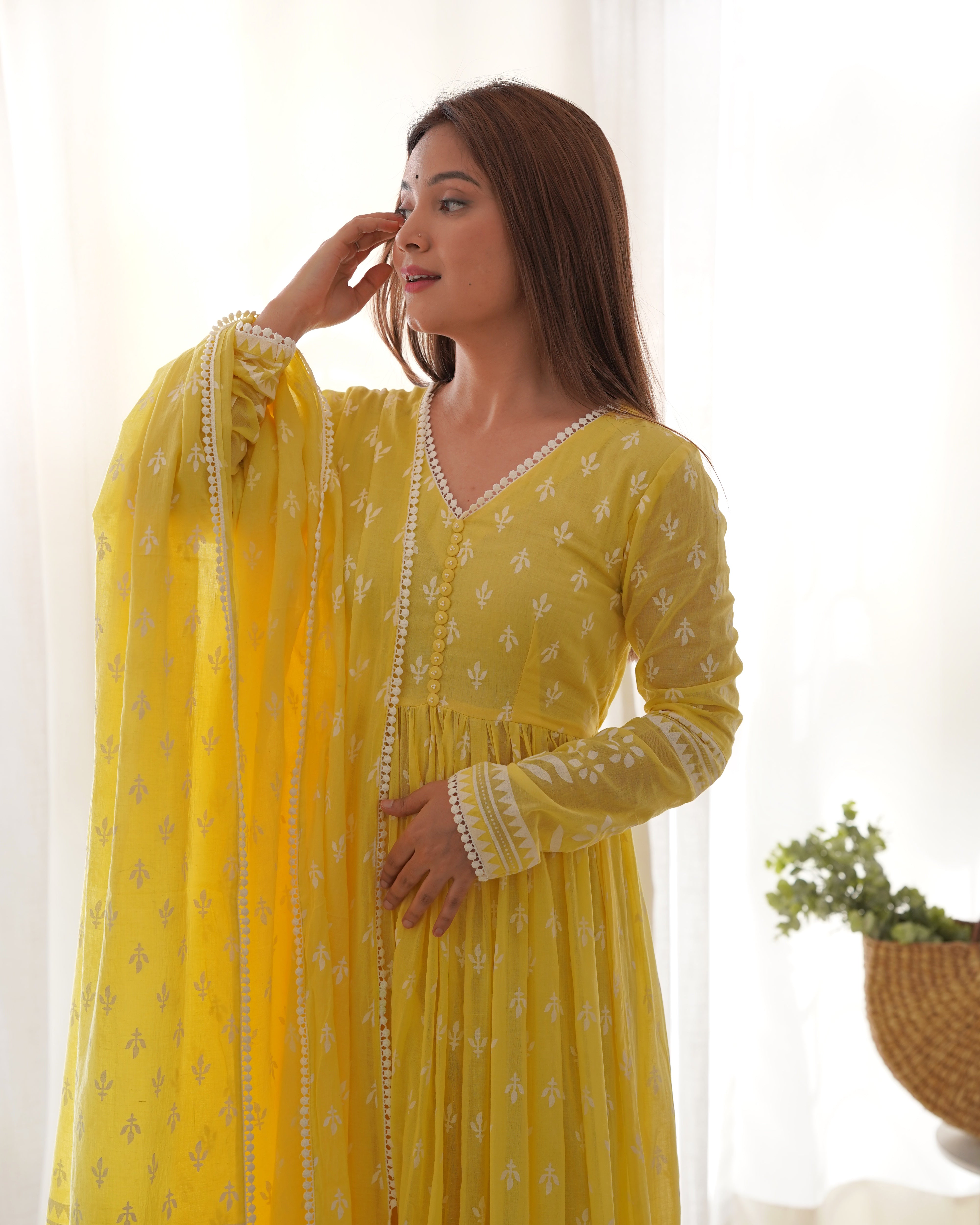 VARNIKA YELLOW MULMUL ANARKALI SET