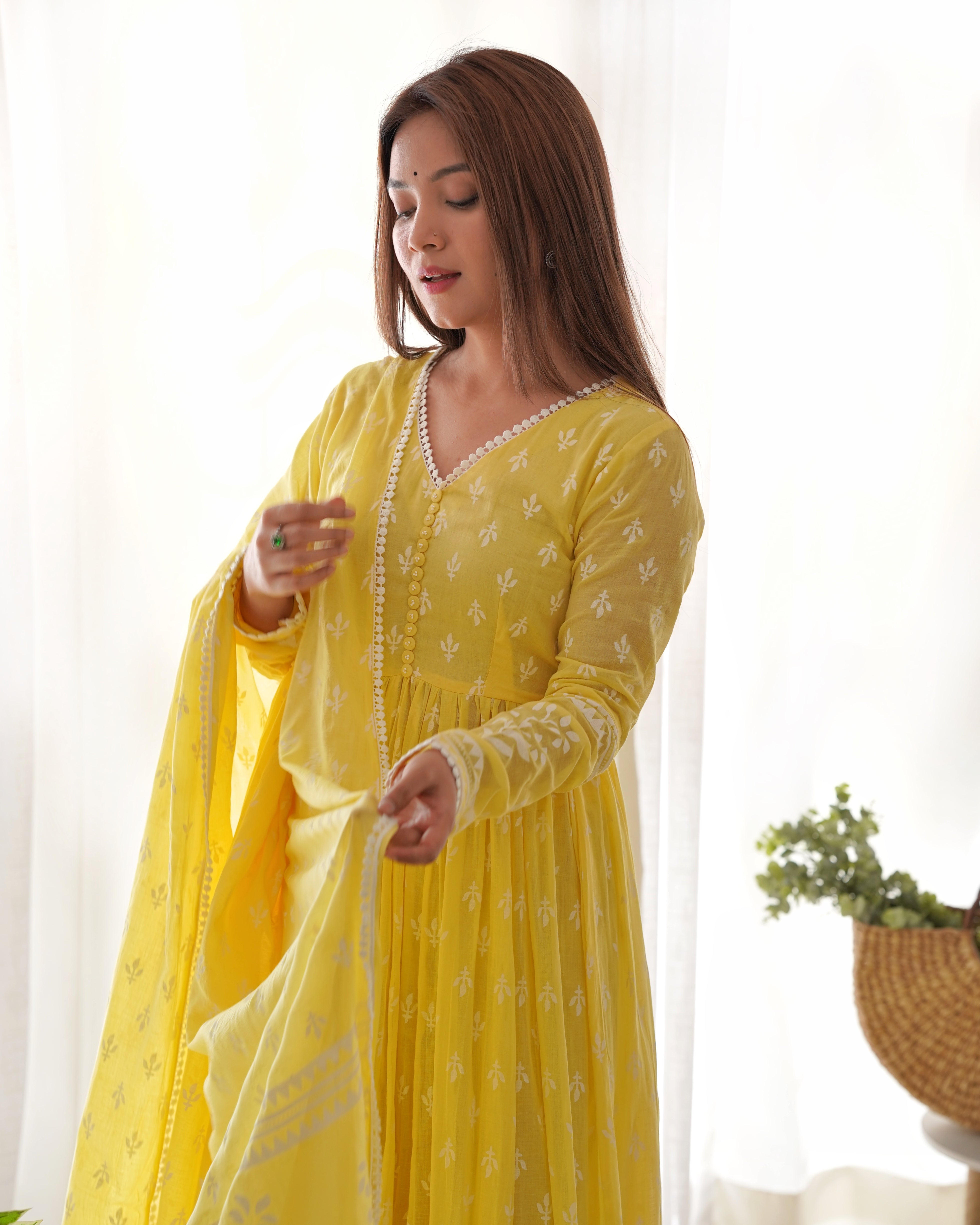 VARNIKA YELLOW MULMUL ANARKALI SET