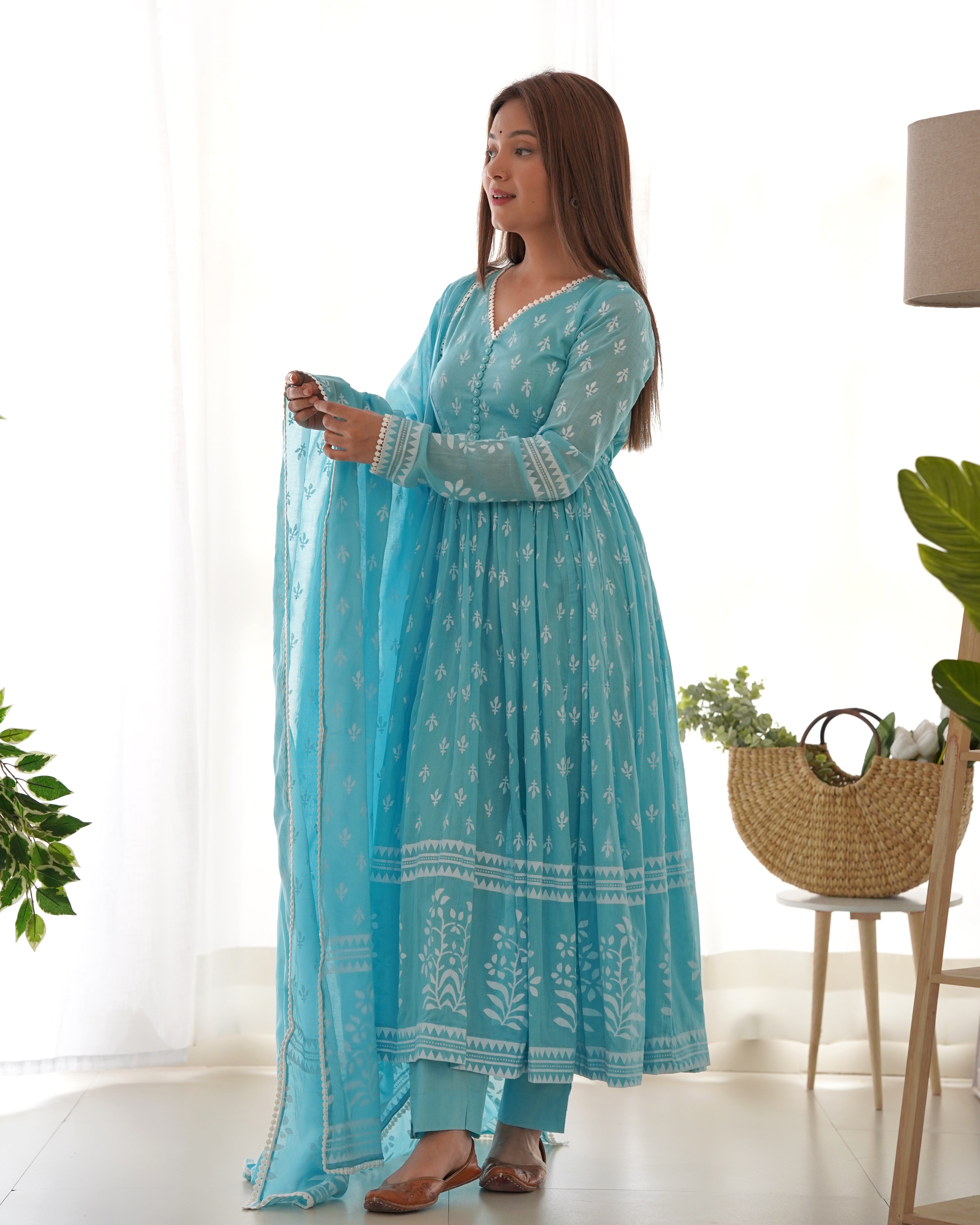 MAITREE ICE BLUE MULMUL ANARKALI SET