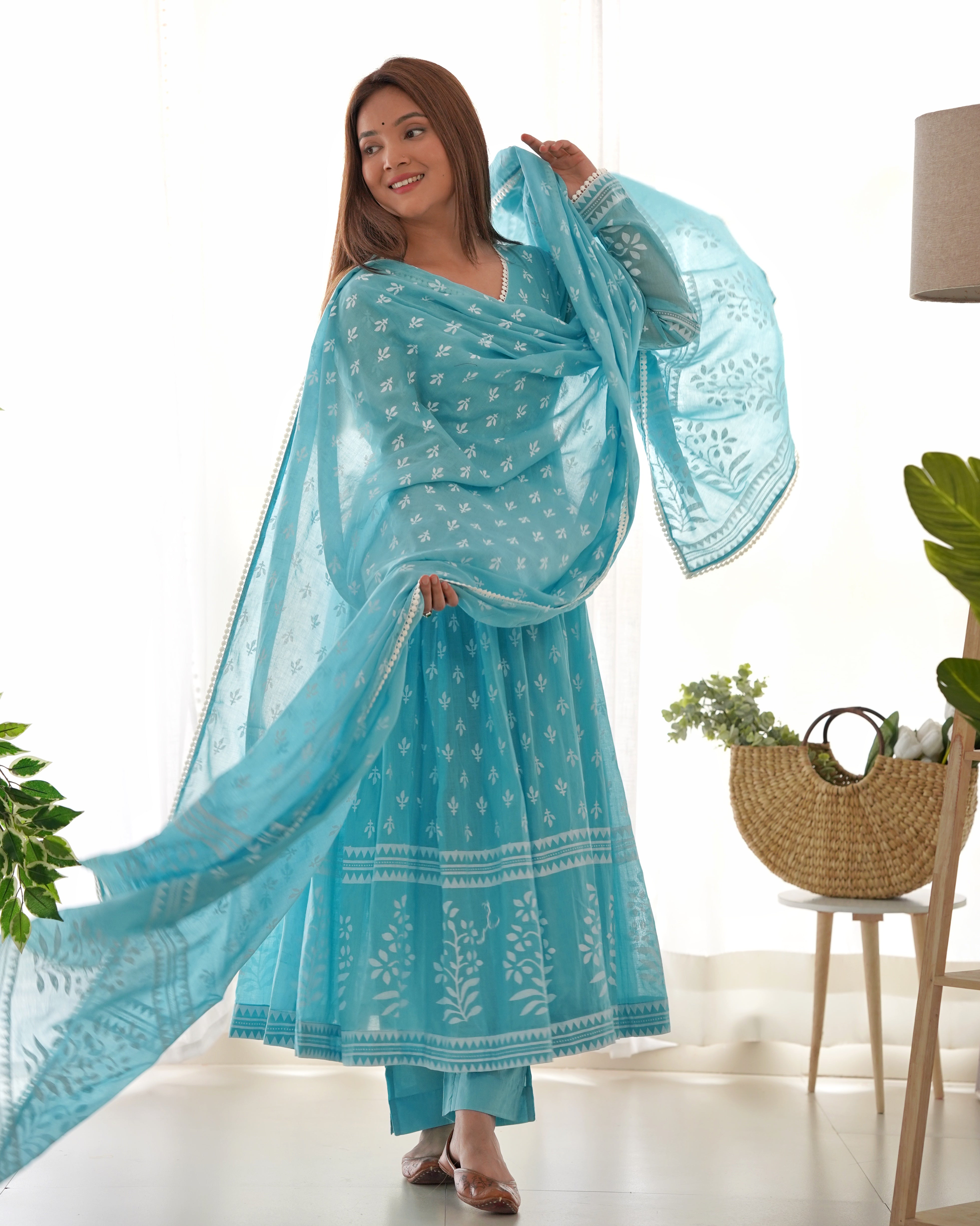 MAITREE ICE BLUE MULMUL ANARKALI SET