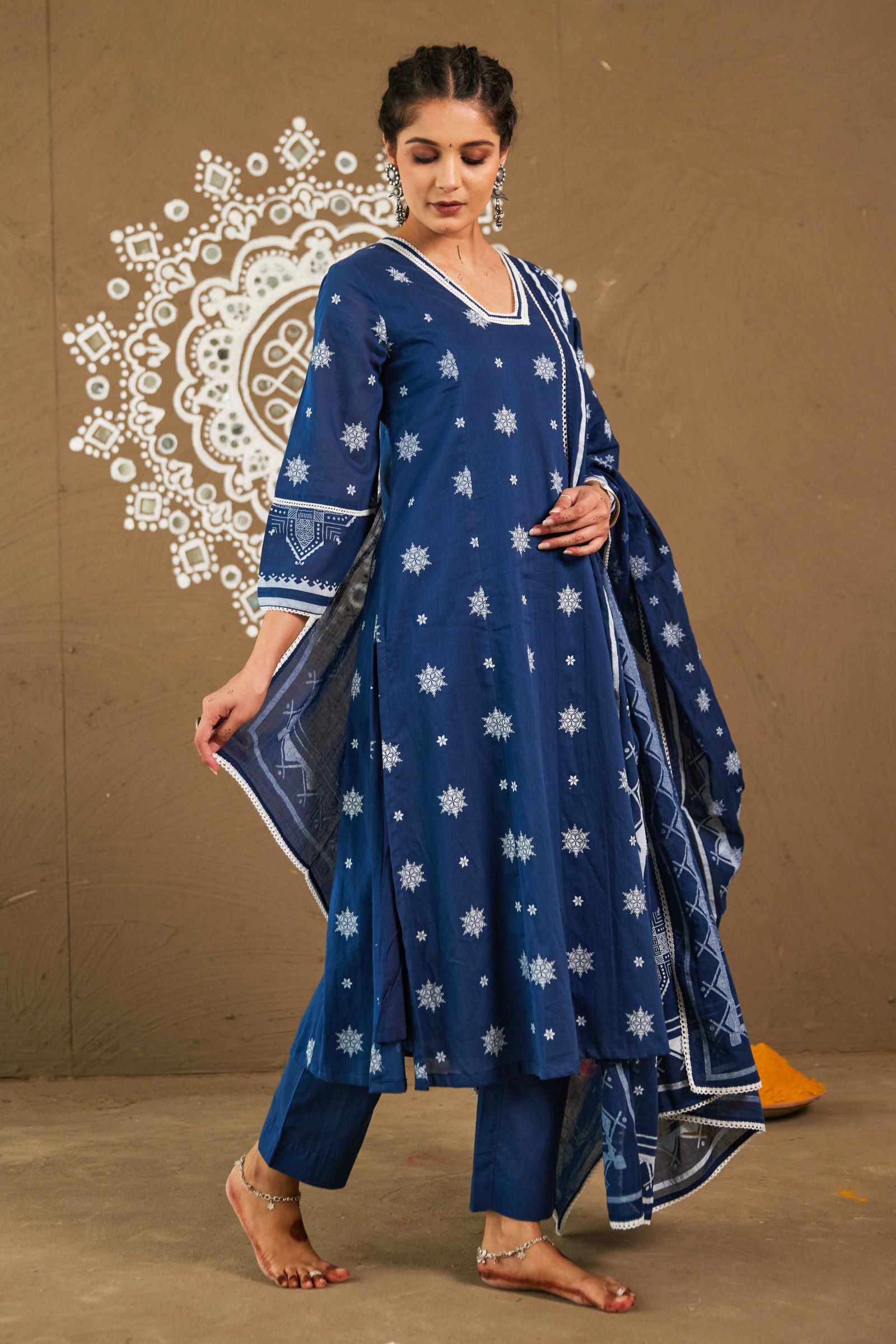 Kapur Blue Cotton Loose Fitted A-Line Set