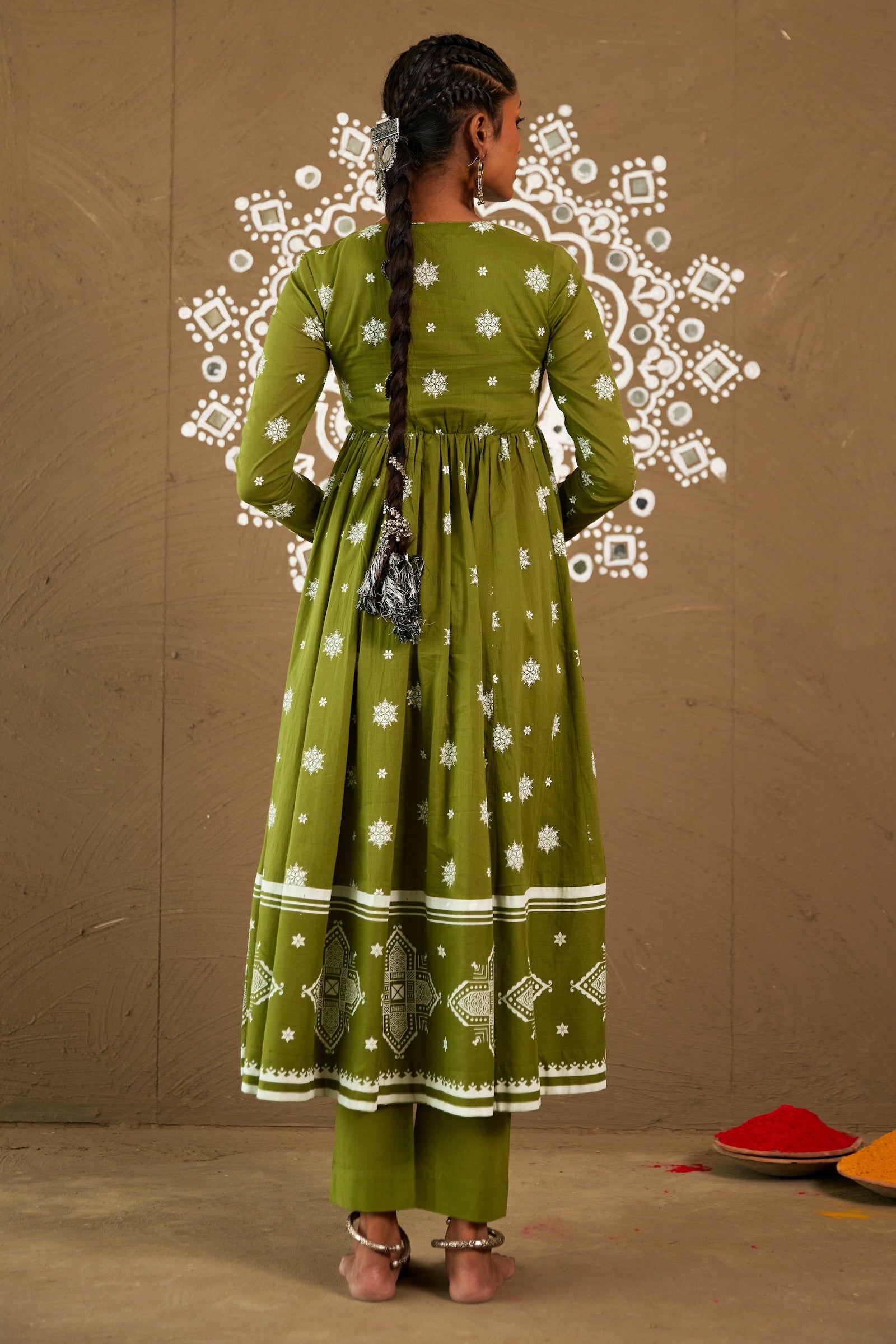 Mehendi Green Mul Cotton Round Neck Anarkali Set